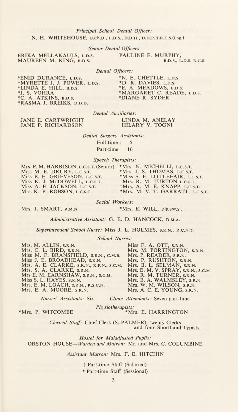 Principal School Dental Officer: N. H. WHITEHOUSE, B.Ch.D., L.D.S., D.D.H., D.D.P.H.R.C.S.(Eng) Senior Dental Officers ERIKA MELLAKAULS, l.d.s. PAULINE F. MURPHY, MAUREEN M. KING, b.d.s. b.d.s., l.d.s. r.c.s. Dental Officers: tENID DURANCE, l.d.s. jMYRETTE J. J. POWER, l.d.s. tLINDA E. HILL, b.d.s. ♦J. S. VOHRA *C. A. ATKINS, b.d.s. ♦RASMA J. BREIKS, d.d.d. *N. E. CHETTLE, l.d.s. *D. R. DAVIES, l.d.s. *E. A. MEADOWS, l.d.s. ♦MARGARET C. READE, l.d.s ♦DIANE R. SYDER Dental Auxiliaries: JANE E. CARTWRIGHT LINDA M. ANELAY JANE P. RICHARDSON HILARY V. TOGNI Dental Surgery Assistants: Full-time : 5 Part-time 16 Speech Therapists: Mrs. P. M. HARRISON, l.c.s.t. (Senior) Miss M. E. DRURY, l.c.s.t. Miss B. E. GRIEVESON, l.c.s.t. Miss K. J. McDOWELL, l.c.s.t. Miss A. E. JACKSON, l.c.s.t. Mrs. K. P. ROBSON, l.c.s.t. ♦Mrs. N. MICHELLI, l.c.s.t. ♦Mrs. J. S. THOMAS, l.c.s.t. ♦Miss S. E. LITTLEFAIR, l.c.s.t. Mrs. R. M. TURTON l.c.s.t. fMrs. A. M. E. KNAPP, l.c.s.t. ♦Mrs. M. V. T. GARRATT, l.c.s.t Social Workers: Mrs. J. SMART, r.m.n. *Mrs. E. WILL, Dip.soc.st. Administrative Assistant: G. E. D. HANCOCK, d.m.a. Superintendent School Nurse: Miss J. L. HOLMES, s.R.N., r.c.n.t. School Nurses: Mrs. M. ALLIN, s.r.n. Mrs. C. L. BIRD, s.r.n. Miss M. F. BRANSFIELD, s.r.n., c.m.b. Miss J. E. BROADHEAD, s.r.n. Mrs. A. E. CLARKE, s.r.n., r.f.n., s.c.m. Mrs. S. A. CLARKE, s.r.n. Mrs E. M. EARNSHAW, s.r.n., s.c.m. Miss S. L. HAYES, s.r.n. Mrs. E. M. LOACH, s.r.n., r.s.c.n. Mrs. E. A. MOORE, s.r.n. Miss F. A. OTT, s.r.n. Mrs. M. PORTINGTON, s.r.n. Mrs. P. READER, s.r.n. Mrs. P. RUSHTON, s.r.n. Mrs. B. L. SELMAN, s.r.n. Mrs. E. M. V. SPRAY, s.r.n., s.c.m Mrs. R. M. TURNER, s.r.n. Mrs. B. A. WALMSLEY, s.r.n. Mrs. W. M. WILSON, s.r.n. Mrs. A. C. E. YOUNG, s.r.n. Nurses' Assistants: Six Clinic Attendants: Seven part-time Physiotherapists: ♦Mrs. P. WITCOMBE *Mrs. E. HARRINGTON Clerical Staff: Chief Clerk (S. PALMER), twenty Clerks and four Shorthand-Typists. Hostel for Maladjusted Pupils: ORSTON HOUSE—Warden and Matron: Mr. and Mrs. C. COLUMBINE Assistant Matron: Mrs. F. E. HITCHIN t Part-time Staff (Salaried) * Part-time Staff (Sessional)