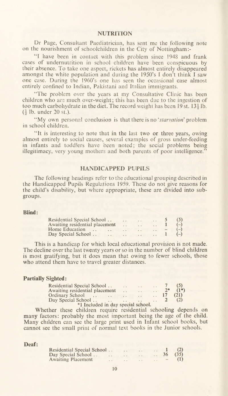NUTRITION Dr Page, Consultant Paediatrician, has sent me the following note on the nourishment of schoolchildren in the City of Nottingham:- “I have been in contact with this problem since 1948 and frank cases of undernutrition in school children have been conspicuous by their absence. To take one aspect, rickets has almost entirely disappeared amongst the white population and during the 1950’s 1 don't think I saw one case. During the 1960’s one has seen the occasional case almost entirely confined to Indian, Pakistani and Italian immigrants. “The problem over the years at my Consultative Clinic has been children who are much over-weight; this has been due to the ingestion of too much carbohydrate in the diet. The record weight has been 19 st. 13| lb. (i lb. under 20 st.). “My own personal conclusion is that there is no ‘'starvation' problem in school children. “It is interesting to note that in the last two or three years, owing almost entirely to social causes, several examples of gross under-feeding in infants and toddlers have been noted; the social problems being illegitimacy, very young mothers and both parents of poor intelligence.” HANDICAPPED PUPILS The following headings refer to the educational grouping described in the Handicapped Pupils Regulations 1959. These do not give reasons for the child’s disability, but where appropriate, these are divided into sub¬ groups. Blind: Residential Special School 5 (5) Awaiting residential placement 1 (-) Home Education — (-) Day Special School .. 1 (-) This is a handicap for which local educational provision is not made. The decline over the last twenty years or so in the number of blind children is most gratifying, but it does mean that owing to fewer schools, those who attend them have to travel greater distances. Partially Sighted: Residential Special School 7 (5) Awaiting residential placement 2* (1*) Ordinary School . . 17 (21) Day Special School .. 2 (2) *1 Included in day special school. Whether these children require residential schooling depends on many factors: probably the most important being the age of the child. Many children can see the large print used in Infant school books, but cannot see the small print of normal text books in the Junior schools. Deaf: Residential Special School . . Day Special School 10 1 (2) 36 (35)