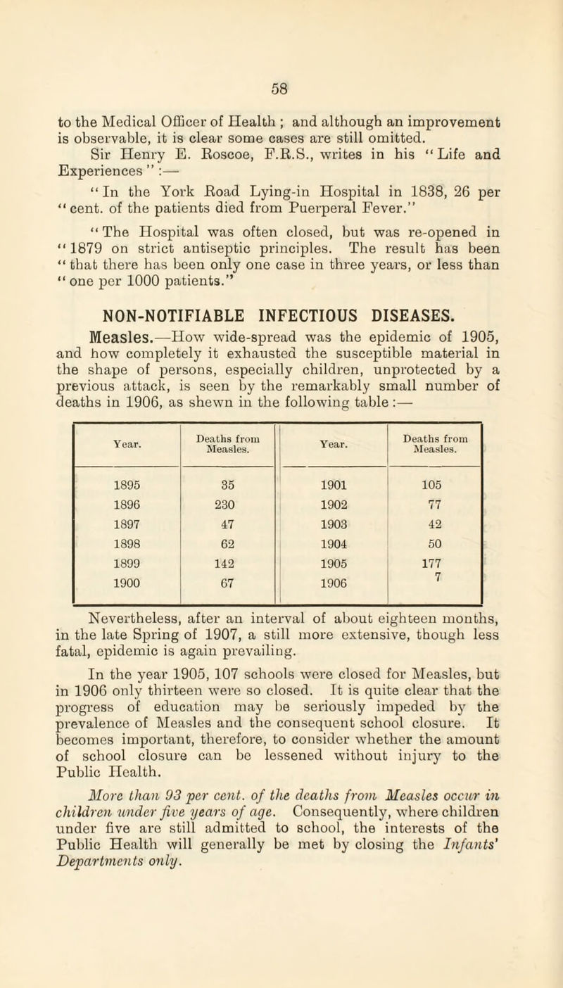 to the Medical Officer of Health ; and although an improvement is observable, it is clear some cases are still omitted. Sir Henry E. Eoscoe, F.R.S., writes in his “ Life and Experiences ” :— “ In the York Eoad Lying-in Hospital in 1838, 26 per “ cent, of the patients died from Puerperal Fever.” “The Hospital was often closed, but was re-opened in “ 1879 on strict antiseptic principles. The result has been “ that there has been only one case in three years, or less than “ one per 1000 patients.” NON-NOTIFIABLE INFECTIOUS DISEASES. Measles.—How wide-spread was the epidemic of 1905, and how completely it exhausted the susceptible material in the shape of persons, especially children, unprotected by a previous attack, is seen by the remarkably small number of deaths in 1906, as shewn in the following table :— Year. Deaths from Measles. Year. Deaths from Measles. 1895 35 1901 105 1896 230 1902 77 1897 47 1903 42 1898 62 1904 50 1899 142 1905 177 1900 67 1906 7 Nevertheless, after an interval of about eighteen months, in the late Spring of 1907, a still more extensive, though less fatal, epidemic is again prevailing. In the year 1905, 107 schools were closed for Measles, hut in 1906 only thirteen were so closed. It is quite clear that the progress of education may be seriously impeded by the prevalence of Measles and the consequent school closure. It becomes important, therefore, to consider whether the amount of school closure can he lessened without injury to the Public Health. More than 93 per cent, of the deaths from Measles occur in children under five years of age. Consequently, where children under five are still admitted to school, the interests of the Public Health will generally be met by closing the Infants' Departments only.