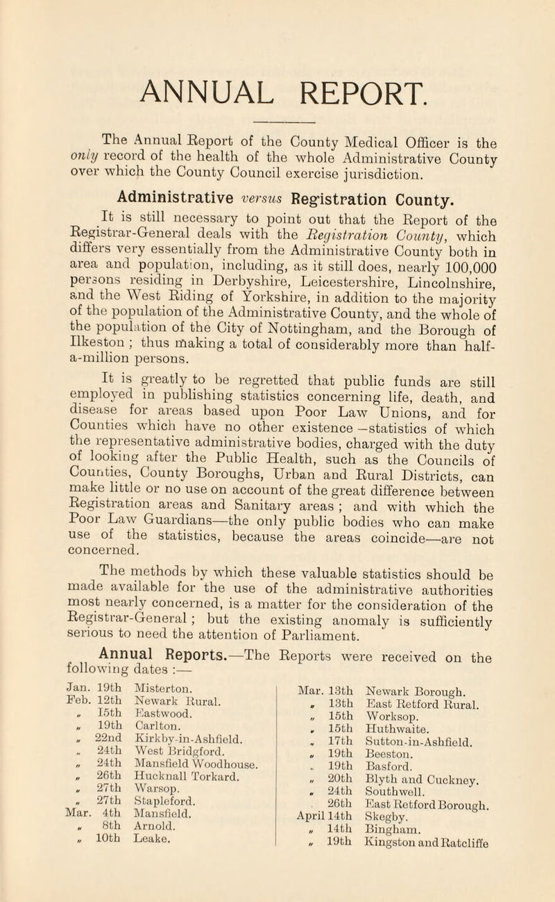 The Annual Report of the County Medical Officer is the only record of the health of the whole Administrative County over which the County Council exercise jurisdiction. Administrative versus Registration County. It is still necessary to point out that the Report of the Registrar-General deals with the Registration County, which differs very essentially from the Administrative County both in area and population, including, as it still does, nearly 100,000 persons residing in Derbyshire, Leicestershire, Lincolnshire, and the West Riding of Yorkshire, in addition to the majority of the population of the Administrative County, and the whole of the population of the City of Nottingham, and the Dorough of Ilkeston ; thus making a total of considerably more than half- a-million persons. It is greatly to be regretted that public funds are still employed in publishing statistics concerning life, death, and disease for areas based upon Poor Law Unions, and for Counties whicli have no other existence —statistics of which the representative administrative bodies, charged with the duty of looking after the Public Health, such as the Councils of Counties, County Boroughs, Urban and Rural Districts, can make little or no use on account of the great difference between Registration areas and Sanitary areas ; and with which the Poor Law Guardians—the only public bodies who can make use of the statistics, because the areas coincide—are not concerned. The methods by which these valuable statistics should be made available for the use of the administrative authorities most nearly concerned, is a matter for the consideration of the Registrar-General ; but the existing anomaly is sufficiently serious to need the attention of Parliament. Annual Reports.—The Reports were received on the following dates :— Jan. 19th Misterton. Mar 13th Feb. 12th Newark Rural. 13th „ I5th Eastwood. 15th „ 19th Carlton. 15th 22nd Kirkby-in-Ashfield. 17th 24th West Bridgford. 19th „ 24th Mansfield Woodhouse. 19th „ 26th Hucknall Torkard. 20th 27th Warsop. 24 th Mar. 27th Stapleford. 26th 4th Mansfield. April 14th 8th Arnold. 14th » 10th Leake. // 19th Newark Borough. East Retford Rural. Worksop. Huthwaite. Sutton-in-Ashfield. Beeston. Basford. Blyth and Cuckney. Southwell. East Retford Borough. Skegby. Bingham. Kingston and Ratcliffo