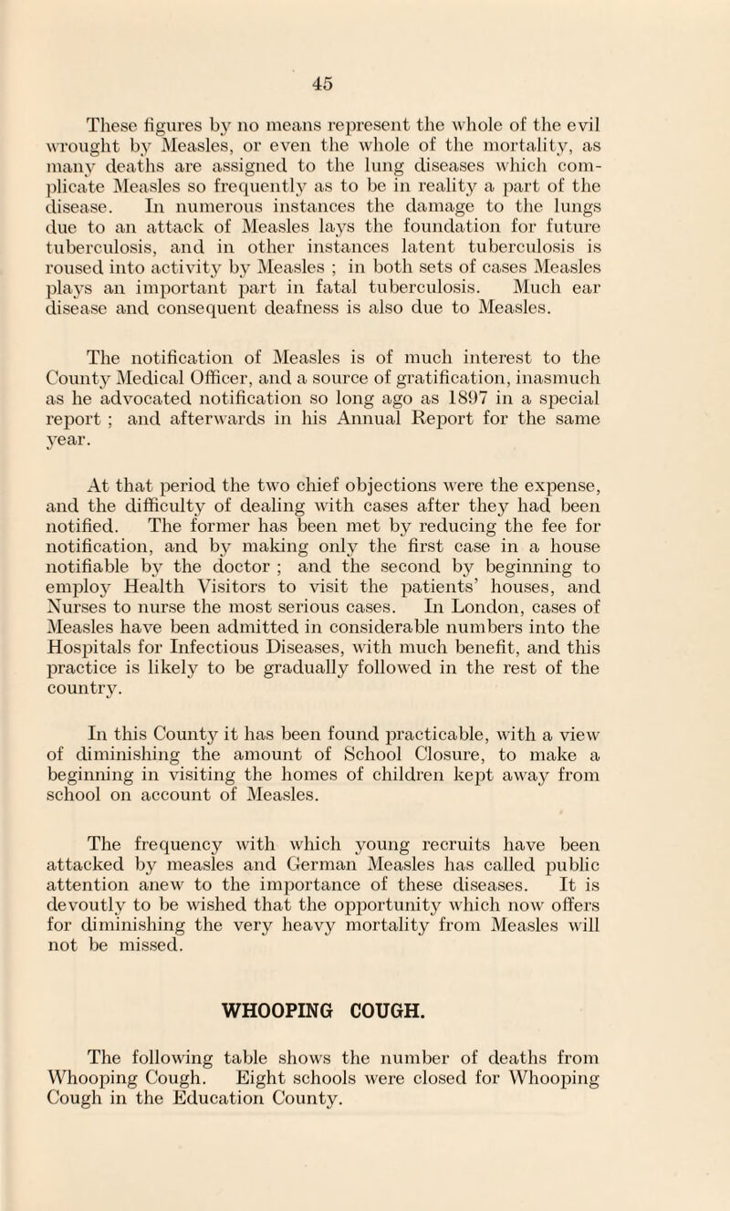 These figures by no means represent the whole of the evil wrought by Measles, or even the whole of the mortality, as many deaths are assigned to the lung diseases which com¬ plicate Measles so frequently as to be in reality a part of the disease. In numerous instances the damage to the lungs due to an attack of Measles lays the foundation for future tuberculosis, and in other instances latent tuberculosis is roused into activity by Measles ; in both sets of cases Measles plays an important part in fatal tuberculosis. Much ear disease and consequent deafness is also due to Measles. The notification of Measles is of much interest to the County Medical Officer, and a source of gratification, inasmuch as he advocated notification so long ago as 1897 in a S2Decial report ; and afterwards in his Annual Report for the same year. At that period the two chief objections were the expense, and the difficulty of dealing with cases after they had been notified. The former has been met by reducing the fee for notification, and by making only the first case in a house notifiable by the doctor ; and the second by beginning to employ Health Visitors to visit the patients’ houses, and Nurses to nurse the most serious cases. In London, cases of Measles have been admitted in considerable numbers into the Hospitals for Infectious Diseases, with much benefit, and this practice is likely to be gradually followed in the rest of the country. In this County it has been found practicable, with a view of diminishing the amount of School Closure, to make a beginning in visiting the homes of children kept away from school on account of Measles. The frequency with which young recruits have been attacked by measles and German Measles has called public attention anew to the importance of these diseases. It is devoutly to be wished that the opportunity which now offers for diminishing the very heavy mortality from Measles will not be missed. WHOOPING COUGH. The following table shows the number of deaths from Whooping Cough. Eight schools were closed for Whooping Cough in the Education County.