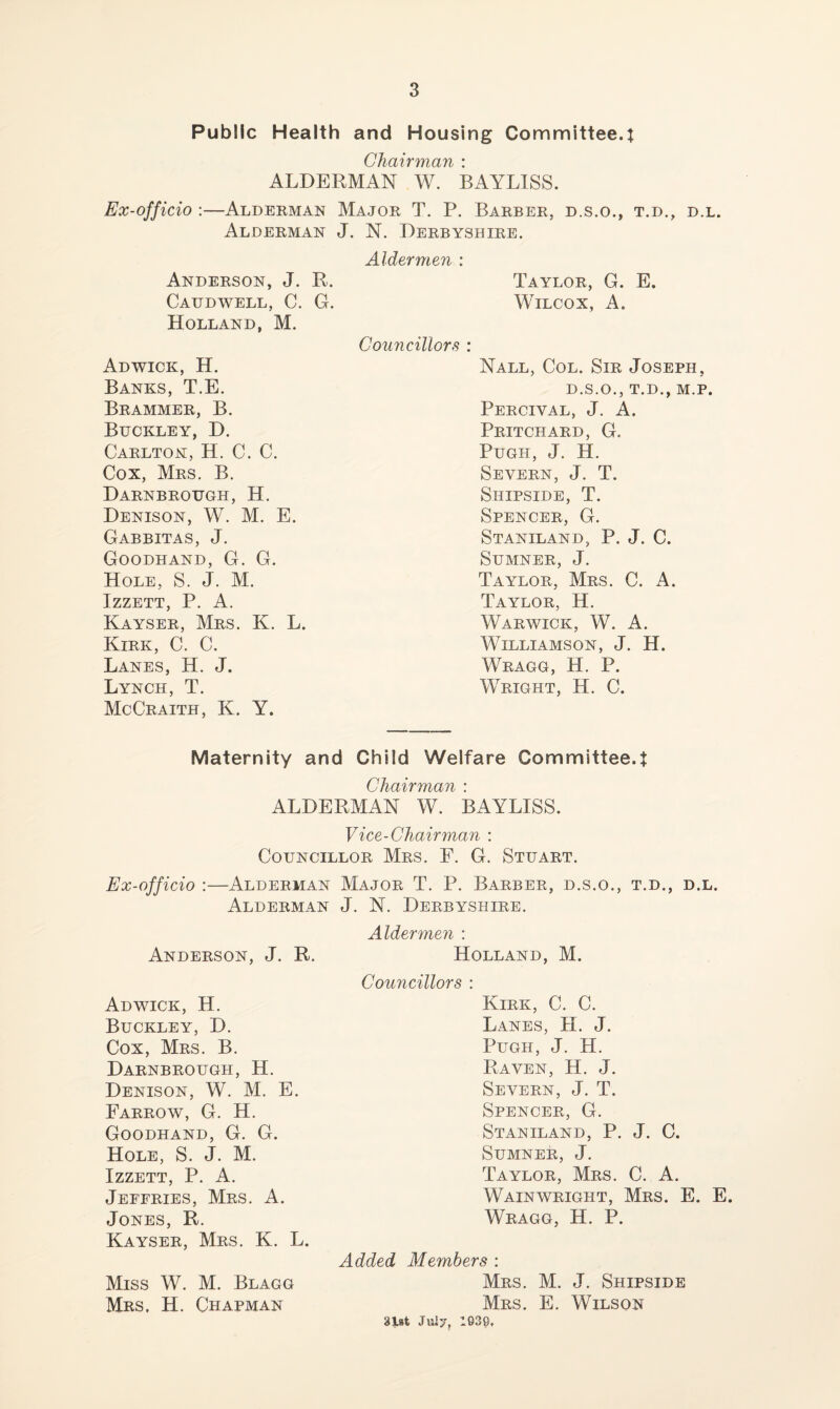 Public Health and Housing Committee.t Chairman : ALDERMAN W. BAYLISS. Ex-officio :—Aldekman Major T. P. Barber, d.s.o., t.d., d.l. Alderman J. N. Derbyshire. Aldermen : Anderson, J. R. Taylor, G. E. Caudwell, C. G. Wilcox, A. Holland, M. Councillors : Adwick, H. Banks, T.E. Brammer, B. Buckley, D. Carlton, H. C. C. Cox, Mrs. B. Darnbrough, H. Denison, W. M. E. Gabbitas, j. Goodhand, G. G. Hole, S. J. M. IZZETT, P. A. Kayser, Mrs. K. L. Kirk, C. C. Lanes, H. J. Lynch, T. McCraith, K. Y. Nall, Col. Sir Joseph, D.S.O., T.D., M.P. Percival, j. a. Pritchard, G. Pugh, J. H. Severn, J. T. Shipside, T. Spencer, G. Staniland, P. j. C. Sumner, J. Taylor, Mrs. C. A. Taylor, H. Warwick, W. A. Williamson, J. H. Wragg, H. P. Wright, H. C. Maternity and Child Welfare Committee.t Chairman : ALDERMAN W. BAYLISS. Vice-Chairman ; Councillor Mrs. F. G. Stuart. Ex-officio :—Alderman Major T. P. Barber, d.s.o., t.d., d.l. Alderman J. N. Derbyshire. Aldermen : Anderson, J. R. Holland, M. Councillors : Adwick, H. Kirk, C. C. Buckley, D. Lanes, H. J. Cox, Mrs. B. Pugh, J. H. Darnbrough, H. Raven, H. J. Denison, W. M. E. Severn, J. T. Farrow, G. H. Spencer, G. Goodhand, G. G. Staniland, P. J. C. Hole, S. J. M. Sumner, J. IZZETT, P. A. Taylor, Mrs. C. A. Jeffries, Mrs. A. Wainwright, Mrs. E. E. Jones, R. Kayser, Mrs. K. L. Wragg, H. P. Added Members : Miss W. M. Blagg Mrs. M. j. Shipside Mrs. H. Chapman Mrs. E. Wilson 8l8t July, 1G39,