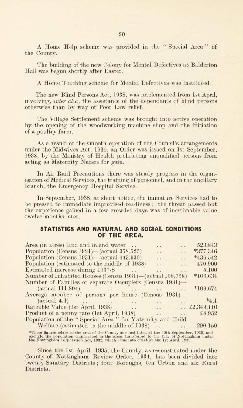 A Home Help scheme was provided in the Special Area ” of the County. The building of the new Colony for Mental Defectives at Balderton Hall was begun shortly after Easter. A Home Teaching scheme for Mental Defectives was instituted. The new Blind Persons Act, 1938, was implemented from 1st April, involving, inter alia, the assistance of the dependants of blind persons otherwise than by way of Poor Law relief. The Village Settlement scheme was brought into active operation by the opening of the woodworking machine shop and the initiation of a poultry farm. As a result of the smooth operation of the Council’s arrangements under the Midwives Act, 1936, an Order was issued on 1st September, 1938, by the Ministry of Health prohibiting unqualified persons from acting as Maternity Nurses for gain. In Air Raid Precautions there was steady progress in the organ¬ isation of Medical Services, the training of personnel, and in the ancillary branch, the Emergency Hospital Service. In September, 1938, at short notice, the immature Services had to be pressed to immediate improvised readiness ; the threat passed but the experience gained in a few crowded days was of inestimable value twelve months later. STATISTICS AND NATURAL AND SOCIAL CONDITIONS OF THE AREA. Area (in acres) land and inland water . . . . .. 523,843 Population (Census 1921)—(actual 378,525) . . .. *377,346 Population (Census 1931)-—(actual 443,930) .. . . *436,542 Population (estimated to the middle of 1938) .. . . 470,900 Estimated increase during 1937-8 . . .. . . 5,100 Number of Inhabited Houses (Census 1931)—(actual 108,758) *106,634 Number of Families or separate Occupiers (Census 1931)— (actual 111,804) .. .. .. .. *109,674 Average number of persons per house (Census 1931)— (actual 4.1) .. . . . . .. . . *4.1 Rateable Value (1st April, 1938) . . . . . . £2,349,110 Product of a penny rate (1st April, 1938) .. . . £8,952 Population of the “ Special Area ” for Maternity and Child Welfare (estimated to the middle of 1938) . . . . 200,150 ♦These figures relate to the area of the County as constituted at the 30th September, 1935, and exclude the population enumerated in the areas transferred to the City of Nottingham under the Nottingham Corporation Act, 1932, which came into effect on the 1st April, 1933. Since the 1st April, 1935, the County, as reconstituted under the County of Nottingham Review Order, 1934, has been divided into twenty Sanitary Districts; four Boroughs, ten Urban and six Rural Districts.