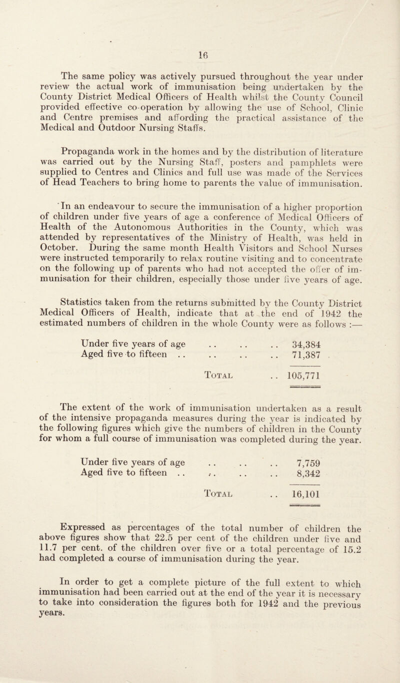 The same policy was actively pursued throughout the year under review the actual work of immunisation being undertaken by the County District Medical Officers of Health whilst the County Council provided effective co-operation by allowing the use of School, Clinic and Centre premises and affording the practical assistance of the Medical and Outdoor Nursing Staffs. Propaganda work in the homes and by the distribution of literature was carried out by the Nursing Staff, posters and pamphlets were supplied to Centres and Clinics and full use was made of the Services of Head Teachers to bring home to parents the value of immunisation. ' In an endeavour to secure the immunisation of a higher proportion of children under five years of age a conference of Medical Officers of Health of the Autonomous Authorities in the County, which was attended by representatives of the Ministry of Health, was held in October. During the same month Health Visitors and School Nurses were instructed temporarily to relax routine visiting and to concentrate on the following up of parents who had not accepted the offer of im¬ munisation for their children, especially those under five years of age. Statistics taken from the returns submitted by the County District Medical Officers of Health, indicate that at the end of 1942 the estimated numbers of children in the whole County were as follows :— Under five years of age . . . . . . 34,384 Aged five to fifteen .. .. .. .. 71,387 Total . . 105,771 The extent of the work of immunisation undertaken as a result of the intensive propaganda measures during the year is indicated by the following figures which give the numbers of children in the County for whom a full course of immunisation was completed during the year. Under five years of age . . . . . . 7,759 Aged five to fifteen . . . . . . . 8,342 Total .. 16,101 Expressed as percentages of the total number of children the above figures show that 22.5 per cent of the children under five and 11.7 per cent, of the children over five or a total percentage of 15.2 had completed a course of immunisation during the year. In order to get a complete picture of the full extent to which immunisation had been carried out at the end of the year it is necessary to take into consideration the figures both for 1942 and the previous years.