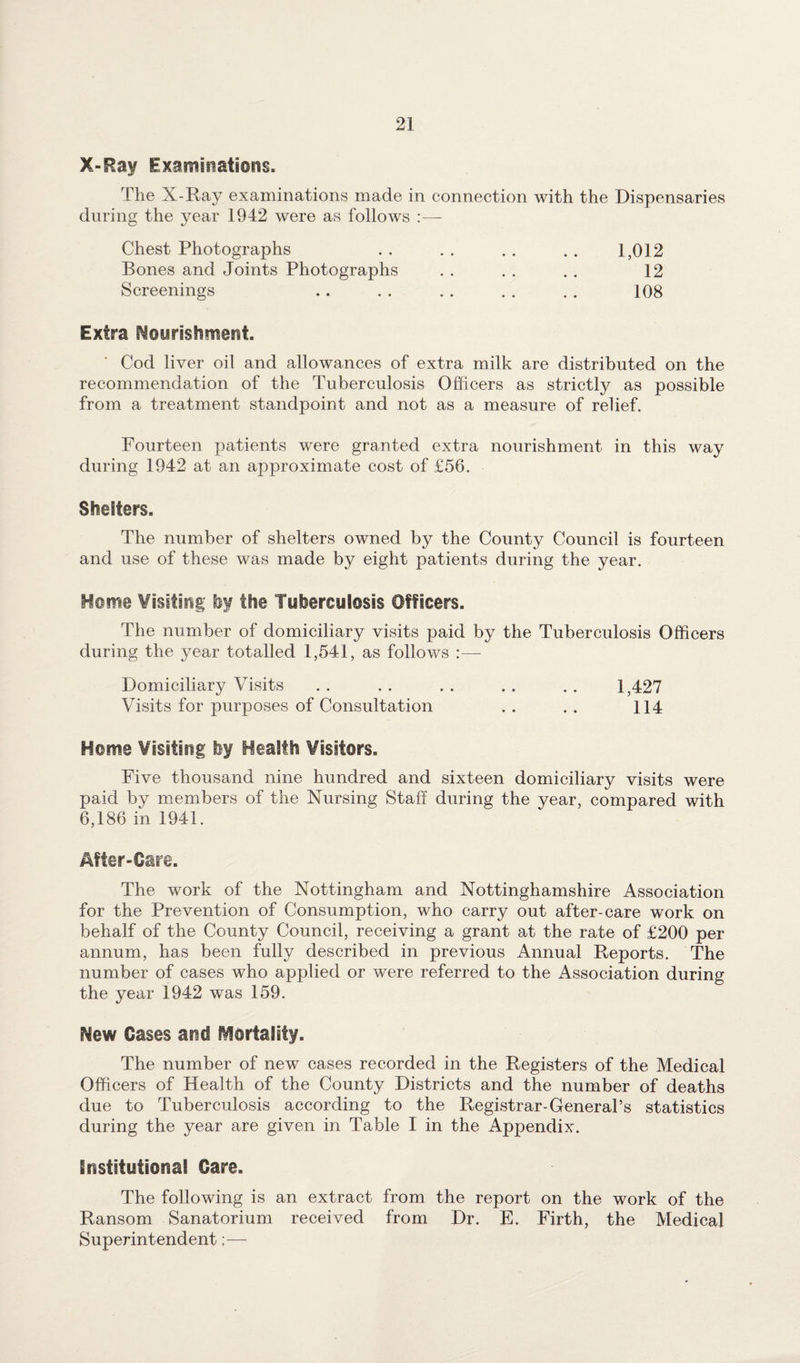 X-Ray Examinations. The X-Ray examinations made in connection with the Dispensaries during the year 1942 were as follows :— Chest Photographs Bones and Joints Photographs Screenings 1,012 12 108 Extra Nourishment. Cod liver oil and allowances of extra milk are distributed on the recommendation of the Tuberculosis Officers as strictly as possible from a treatment standpoint and not as a measure of relief. Fourteen patients were granted extra nourishment in this way during 1942 at an approximate cost of £56. Shelters. The number of shelters owned by the County Council is fourteen and use of these was made by eight patients during the year. Home Visiting by the Tuberculosis Officers. The number of domiciliary visits paid by the Tuberculosis Officers during the year totalled 1,541, as follows :— Domiciliary Visits . . . . . . .. . . 1,427 Visits for purposes of Consultation . . . . 114 Home Visiting by Health Visitors. Five thousand nine hundred and sixteen domiciliary visits were paid by members of the Nursing Staff during the year, compared with 6,186 in 1941. After-Care. The work of the Nottingham and Nottinghamshire Association for the Prevention of Consumption, who carry out after-care work on behalf of the County Council, receiving a grant at the rate of £200 per annum, has been fully described in previous Annual Reports. The number of cases who applied or were referred to the Association during the year 1942 was 159. New Cases and Mortality. The number of new cases recorded in the Registers of the Medical Officers of Health of the County Districts and the number of deaths due to Tuberculosis according to the Registrar-General’s statistics during the year are given in Table I in the Appendix. Institutional Care. The following is an extract from the report on the work of the Ransom Sanatorium received from Dr. E, Firth, the Medical Superintendent;—