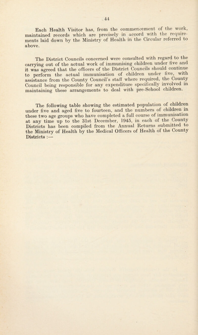 Each Health Visitor has, from the commencement of the work, maintained records which are precisely in accord with the require¬ ments laid down by the Ministry of Health in the Circular referred to above. The District Councils concerned were consulted with regard to the carrying out of the actual work of immunising children under five and it was agreed that the officers of the District Councils should continue to perform the actual immunisation of children under five, with assistance from the County Council’s staff where required, the County Council being responsible for any expenditure specifically involved in maintaining these arrangements to deal with pre-School children. The following table showing the estimated population of children under five and aged five to fourteen, and the numbers of children in these two age groups who have completed a full course of immunisation at any time up to the 31st December, 1945, in each of the County Districts has been compiled from the Annual Returns -submitted to the Ministry of Health by the Medical Officers of Health of the County Districts :—