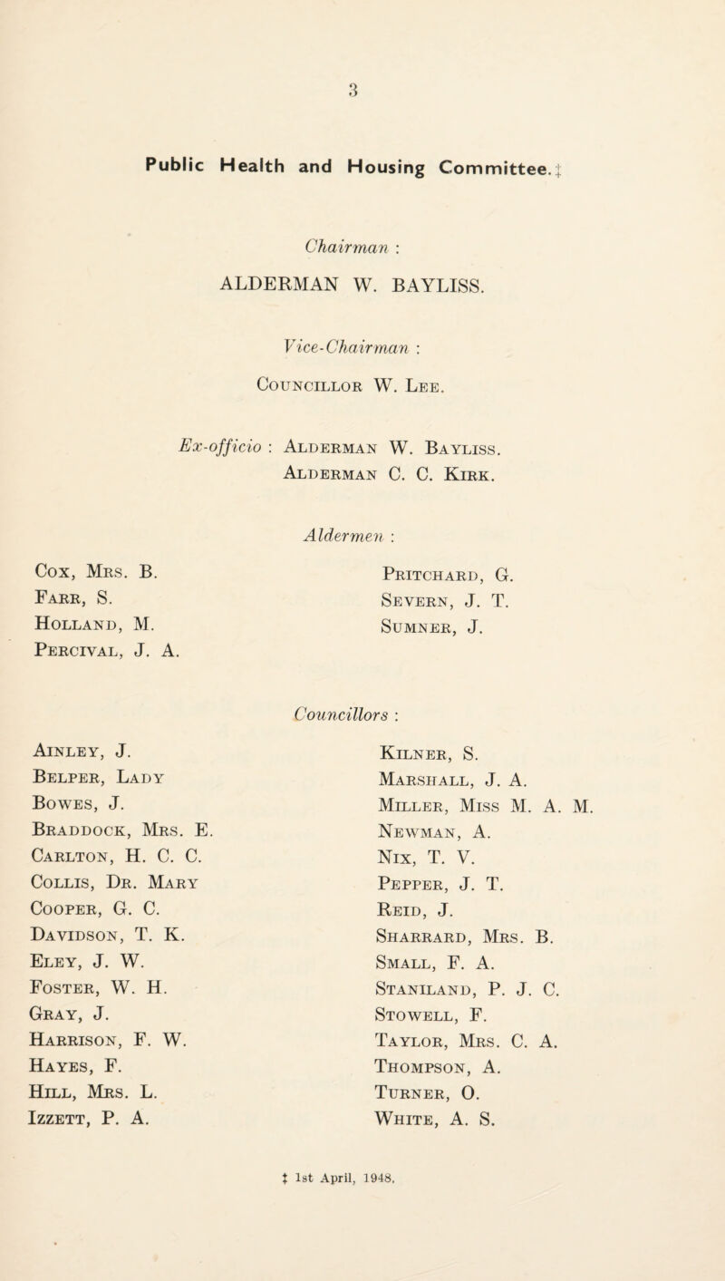 Public Health and Housing Committee j Chairman : ALDERMAN W. BAYLISS. Vice-Chairman : Councillor W. Lee. Ex-officio : Alderman W. Bayliss. Alderman C. C. Kirk. Aldermen : Cox, Mrs. B. Pritchard, G. Farr, S. Severn, J. T. Holland, M. Percival, J. a. Sumner, J. Councillors : Ainley, j. Kilner, S. Belper, Lady Marshall, J. A. Bowes, J. Miller, Miss M. A. M. Braddock, Mrs. E. Newman, A. Carlton, H. C. C. Nix, T. V. CoLLis, Dr. Mary Pepper, J. T. Cooper, G. C. Reid, J. Davidson, T. K. Sharrard, Mrs. B. Eley, j. W. Small, F. A. Foster, W. H. Staniland, P. j. C. Gray, J. Stowell, F. Harrison, F. W. Taylor, Mrs. C. A. Hayes, F. Thompson, A. Hill, Mrs. L. Turner, 0. IZZETT, P. A. White, A. S.