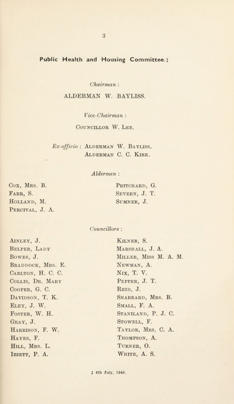 8 Public Health and Housing Committee.^; Chairman : ALDERMAN W. BAYLISS. Vice-Chairman : Councillor W. Lee. Ex-officio : Alderman W. Bayliss. Alderman C. C. Kirk. Aldermen : Cox, Mrs. B. Pritchard, G. Farr, S. Severn, J. T. Holland, M. Sumner, J. Percival, j. a. Councillors ; Ainley, j. Belper, Lady Bowes, J. Braddock, Mrs. E. Carlton, H. C. C. CoLLis, Dr. Mary Cooper, G. C. Davidson, T. K. Eley, j. W. Foster, W. H. Gray, J. Harrison, F. W. Hayes, F. Hill, Mrs. L. Izzett, P. a. Kilner, S. Marshall, J. A. Miller, Miss M. A. M. Newman, A. Nix, T. V. Pepper, J. T. Reid, J. Sharrard, Mrs. B. Small, F. A. Staniland, P. j. C. Stowell, F. Taylor, Mrs. C. A. Thompson, A. Turner, O. White, A. S.