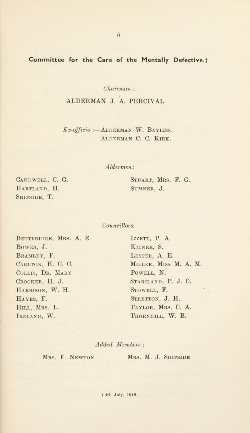 Committee for the Care of the Mentally Defective.! Chairman : ALDERMAN J. A. PERCIVAL. Ex-officio :—Alderman W. Bayliss. Alderman C. C. Kirk. Aldermen: Caudwell, C. G. Hartland, H. Shipside, T. Stuart, Mrs. E. G. Sumner, J. Councillors: Betteridge, Mrs. A. E. Bowes, J. Bramley, F. Carlton, H. C. C. CoLLis, Dr. Mary Crocker, H. J. Harrison, W. H. Hayes, F. Hill, Mrs. L. Ireland, W. IZZETT, P. A. Kilner, S. Lester, A. E. Miller, Miss M. A. M. Powell, N. Staniland, P. j. C. Stowell, F. Stretton, j. H. Taylor, Mrs. C. A. Thornhill, W. B. Added Members : Mrs. F. Newton Mrs. M. J. Shipside