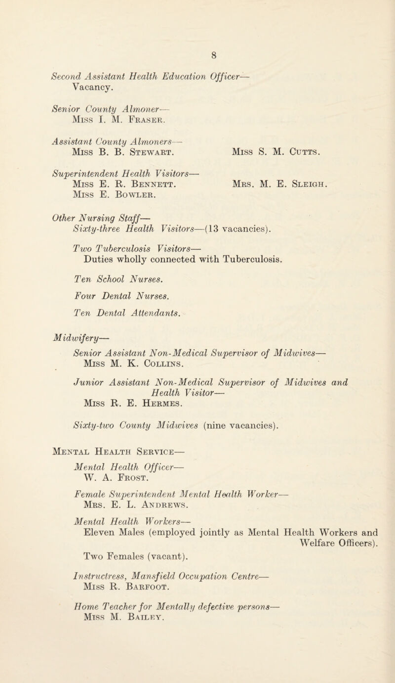 Second Assistant Health Education Officer— Vacancy. Senior County Almoner— Miss I. M. Fraser. Assistant County Almoners—- Miss B. B. Stewart. Miss S. M. Cutts. Superintendent Health Visitors— Miss E. R. Bennett. Mrs. M. E. Sleigh. Miss E. Bowler. Other Nursing Staff— Sixty-three Health Visitors—(13 vacancies). Two Tuberculosis Visitors— Duties wholly connected with Tuberculosis. Ten School Nurses. Four Dental Nurses. Ten Dental Attendants. Midwifery— Senior Assistant Non-Medical Supervisor of Midwives— Miss M. K. Collins. Junior Assistant Non-Medical Supervisor of Midwives and Health Visitor— Miss R. E. Hermes. Sixty-two County Midwives (nine vacancies). Mental Health Service— Mental Health Officer— W. A. Frost. Female Superintendent Mental Herdth Worker— Mrs. E. L. Andrews. Mental Health Workers— Eleven Males (employed jointly as Mental Health Workers and Welfare Officers). Two Females (vacant). Instructress, Mansfield Occupation Centre— Miss R. Barfoot. Home Teacher for Mentally defective persons— Miss M. Bailey.