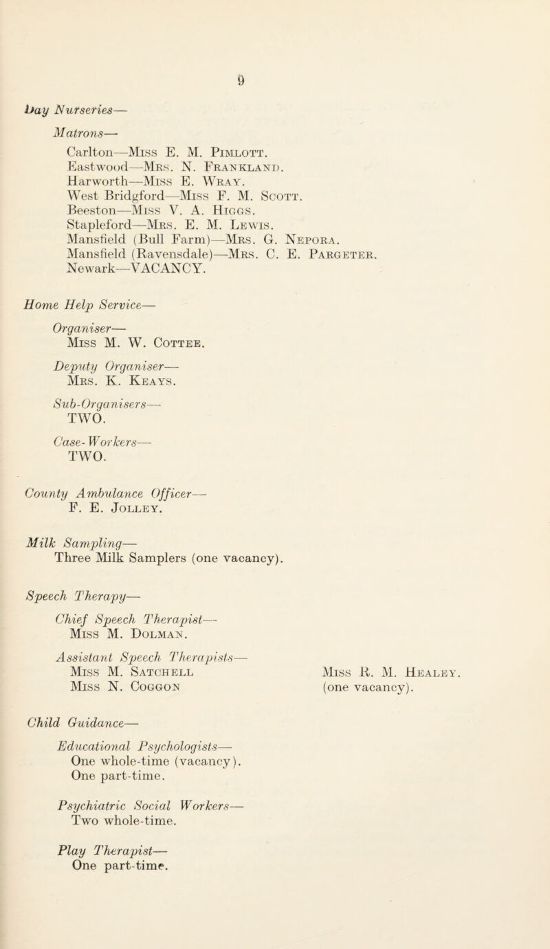 hay Nurseries— Matrons— Carlton—Miss E. M. Pimlott. Eastwood—Mrs. N. Frankland. Harworth—Miss E. Wray. West Bridgford—Miss F. M. Scott. Beeston—Miss V. A. Higgs. Stapleford—Mrs. E. M. Lewis. Mansfield (Bull Farm)—Mrs. G. Nepora. Mansfield (Ravensdale)—Mrs. C. E. Pargeter. Newark—VACANCY. Home Help Service— Organiser— Miss M. W. Cottee. Deputy Organiser— Mrs. K. Keays. Sub-Organisers— TWO. Case- Workers— TWO. County Ambulance Officer— F. E. Jolley. Milk Sampling— Three Milk Samplers (one vacancy). Speech Therapy— Chief Speech Therapist— Miss M. Dolman. Assistant Speech Thera pi sts— Miss M. Satchell Miss R. M. Healey. Miss N. Coggon (one vacancy). Child Guidance— Educatio7ial Psychologists— One whole-time (vacancy). One part-time. Psychiatric Social Workers— Two whole-time. Play Therapist— One part-time.