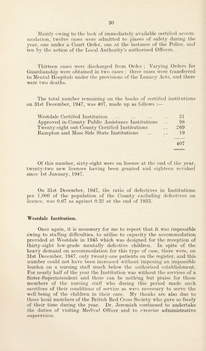 Mainly owing to the lack of immediately available certified accom¬ modation, twelve cases were admitted to places of safety during the 3^ear, one under a Court Order, one at the instance of the Police, and ten by the action of the Local Authority’s authorised Officers. Thirteen cases were discharged from Order ; Varying Orders for Guardianship were obtained in two cases ; three cases were transferred to Mental Hospitals under the provisions of the Lunacy Acts, and there were two deaths. The total number remaining on the books of certified institutions on 31st December, 1947, was 407, made up as follows :— Westdale Certified Institution . . . . . . . . 21 Approved in-County Public Assistance Institutions . . 98 Twenty-eight out-County Certified Institutions . . 269 Rampton and Moss Side State Institutions . . . . 19 407 Of this number, sixty-eight w^ere on licence at the end of the year, twenty-two new licences having been granted and eighteen revoked since 1st January, 1947. On 31st December, 1947, the ratio of defectives in Institutions per 1,000 of the population of the County excluding defectives on licence, was 0.67 as against 0.32 at the end of 1933. Westdale Institution. Once again, it is necessary for me to report that it was impossible owing to staffing difficulties, to utilise to capacity the accommodation provided at Westdale in 1945 which was designed for the reception of thirty-eight low-grade mentally defective children. In spite of the heavy demand on accommodation for this type of case, there were, on 31st December, 1947, only twenty-one patients on the register, and this number could not have been increased without imposing an impossible burden on a nursing staff much below the authorised establishment. For nearly half of the year the Institution was without the services of a Sister-Superintendent and there can be nothing but praise for those members of the nursing staff who during this period made such sacrifices of their conditions of service as were necessary to serve the well-being of the children in their care. My thanks are also due to those local members of the British Red Cross Society who gave so freely of their time during the year. Dr. Jeremiah continued to undertake the duties of visiting Medical Officer and to exercise administrative supervisiou.