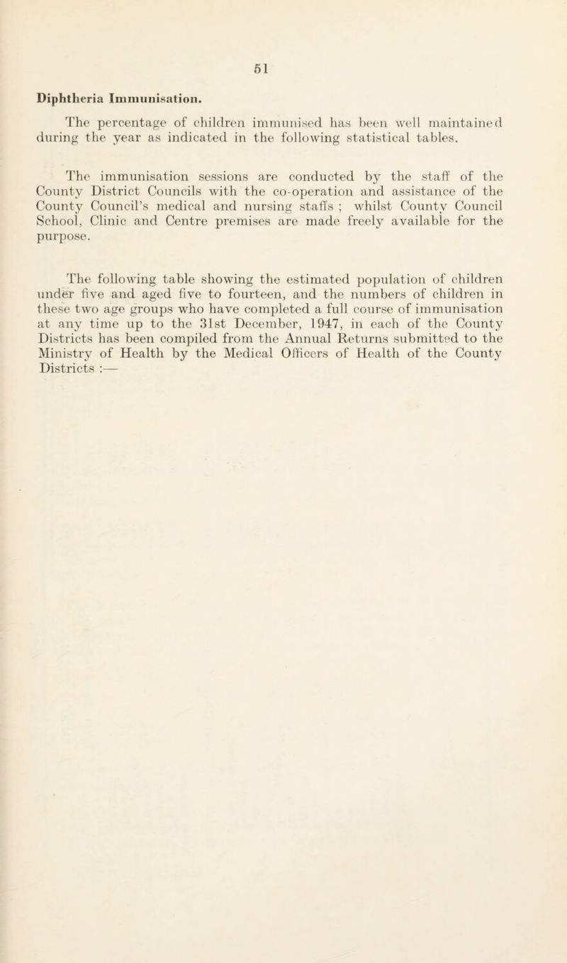 61 Diphtheria Immunisation. The percentage of children immunised has l)een well maintained during the indicated in the following statistical tables. The immunisation sessions are conducted by the staff of the County District Councils with the co-operation and assistance of the County Council’s medical and nursing staffs ; whilst County Council School, Clinic and Centre premises are made freely available for the purpose. The following table showing the estimated population of children under five and aged five to fourteen, and the numbers of children in these two age groups who have completed a full course of immunisation at any time up to the 31st December, 1947, in each of the County Districts has been compiled from the Annual Returns submitted to the Ministry of Health by the Medical Officers of Health of the County Districts :—