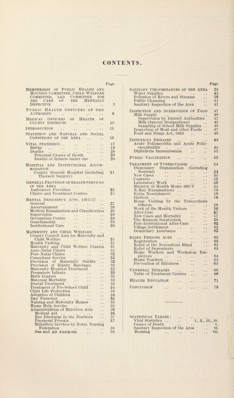 CONTENTS Vane Page Membership of Public Health and Housing Committee, Child Welfare Committee, and Committee for THE Care of the ^Mentally Defective SANITARY Circumstances of the Area Water Supplies Pollution of Hivers and Streams Public Cleansing Sanitary Inspection of the Area 38 42 38 41 41 Public Health Officers of the Authority . 6 Medical Officers of Health of County Districts .. .. .. 10 Introduction .11 Statistics and Natural and Social Conditions of the Area .. .. 16 VITAL Statistics. 17 Births .. .. .. .. . . 19 Deaths .. .. .. .. .. 20 Principal Causes of Death .. 20 Deaths of Infants under one .. 20 Inspection and Supervision of Food Milk Supply Supervision by District Authorities Milk (Special Designations) Sampling of School Milk Supplies .. Inspection of Meat and other Foods .. Food and Drugs Act, 1938 47 48 47 48 48 47 48 Infectious Diseases .. .. .. 49 Acute Poliomyelitis and Acute Polio¬ encephalitis .. .. .. .. 49 Diphtheria Immunisation .. .. 51 Public Vaccination 53 Hospital and Institutional Accom¬ modation County General Hospital (including 21 Thoracic Surgery) General Provision of health Services IN THE Area .. Ambulance Provision . . .. 22 Clinics and Treatment Centres . . 24 Mental Deficiency Acts, 1913-27 .. General . . .. .. .. 27 Ascertainment .. .. .. 28 Medical Examination and Classification 28 Supervision .. .. .. .. 29 Occupation Centre .. .. .. 29 Guardianship .. .. . . .. 29 Institutional Care .. .. . . 29 Maternity and Child Welfare County Council Area for Maternity and Child Welfare .. .. .. 31 Health Visiting .. .. .. .. 31 Maternity and Child Welfare Centres 31 Ante-Natal Clinics . . .. .. 31 Post-Natal Clinics .. .. .. 32 Consultant Service .. .. .. 32 Provision of Materaity Outfits .. 32 Provision of Elastic Bandages .. 32 Maternity Hospital Treatment .. 32 Premature Infants .. .. .. 33 Birth Control .. .. .. 33 Maternal Mortality .. .. .. 33 Dental Treatment . . .. .. 33 Treatment of Pre-School Child .. 34 Child Life Protection .. .. ., 34 Adoption of Children .. .. .. 34 Day Nurseries .. .. .. .. 35 Nursing and Maternity Homes .. 35 Home Help Service .. .. .. 35 Administration of Midwives Acts .. 36 Medical Aid .. .. .. .. 36 Eye Discharge in the Newborn .. 37 Puerperal Pyrexia .. .. .. 37 Midwifery Services by Notts. Nursing Federation ., .. .. 38 Gas and Air Analgesia .. .. 38 Treatment of Tuberculosis .. Dispensary Organisation (including Sessions) New Cases Contacts .. Laboratory Work Ministry of Health Memo 266/T X-Bay Examinations .. Extra Nourishment Shelters .. Home Visiting by the Tuberculosis Officers Work of the Health Visitors After-Care New Cases and Mortality The Ransom Sanatorium Post-Institutional After-Care Village Settlement Domicilary Assistance 54 54 55 55 55 55 56 56 56 56 56 67 57 58 62 62 63 Blind Persons Acts. Registration Relief of the Necessitous Blind Relief of Dependents .. Home Workers and Workshop Em ployees Home Teachers .. Prevention of Blindness 63 63 63 63 64 64 65 Venereal Diseases Table of Treatment Centres 66 66 Health Education .71 Conclusion .76 Statistical Tables :. Vital Statistics ., .. i., ii., iii., iv. Causes of Death . . .. .. v. Sanitary Inspection of the Area .. vi. Housing ., .. ., .. vit.