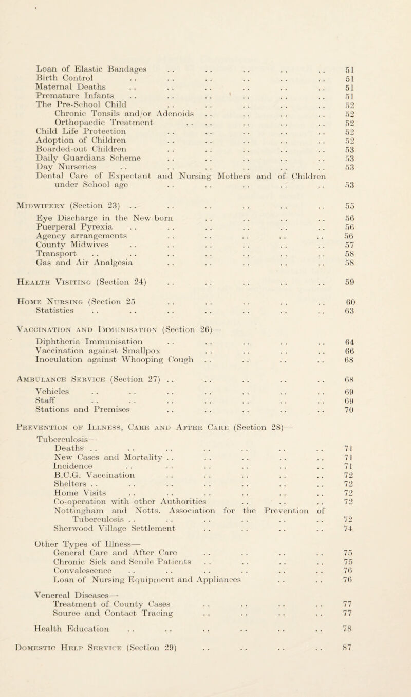 Loan of Elastic Bandages . . . . . . . . . . 51 Birth Control . . . . . . . . . . . . 51 Maternal Deaths . . . . . . . . . . . . 51 Premature Infants . . . . . . 1 . . . . 51 The Pre-School Child . . . . . . . . . . 52 Chronic Tonsils and/or Adenoids . . . . . . . . 52 Orthopaedic Treatment .... . . . . . . 52 Child Life Protection . . . . . . . . . . 52 Adoption of Children . . . . . . . . . . 52 Boarded-out Children . . . . . . . . . . 53 Daily Guardians Scheme . . . . . . . . . . 53 Day Nurseries . . . . . . . . . . . . 53 Dental Care of Expectant and Nursing Mothers and of Children under School age . . . . . . . . . . 53 Midwifery (Section 23) Eye Discharge in the New-born Puerperal Pyrexia Agency arrangements . . County Midwives Transport Gas and Air Analgesia 56 56 56 57 58 58 Health Visiting (Section 24) 59 Home Nursing (Section 25 Statistics 60 63 Vaccination and Immunisation (Section 26)— Diphtheria Immunisation . . . . . . . . . . 64 Vaccination against Smallpox . . . . . . . . 66 Inoculation against Whooping Cough . . . . . . . . 68 Ambulance Service (Section 27) . . . . . . . . . . 68 Vehicles . . . . . . . . . . . . . . 69 Staff . . . . . . . . . . . . . . 69 Stations and Premises . . . . . . . . . . 70 Prevention of Illness, Care and After Care (Section 28)— T uberculosis— Deaths . . . . . . . . . . . . . . 71 New Cases and Mortality . . . . . . . . . . 71 Incidence . . . . . . . . . . . . 71 B.C.G. Vaccination . . . . . . . . . . 72 Shelters . . . . . . . . . . . . . . 72 Home Visits . . . . . . . . . . . . 72 Co-operation with other Authorities . . . . . . 72 Nottingham and Notts. Association for the Prevention of Tuberculosis . . . . . . . . . . . . 72 Sherwood Village Settlement . . . . . . . . 74 Other Types of Illness— General Care and After Care . . . . . . . . 75 Chronic Sick and Senile Patients . . . . . . . . 75 Convalescence . . . . . . . . . . . . 76 Loan of Nursing Equipment and Appliances . . . . 76 Venereal Diseases—• Treatment of County Cases . . . . . . . . 77 Source and Contact Tracing . . . . . . . . 77 Health Education . . . . . . . . . . . . 78 Domestic Help Service (Section 29) . . . . . . . . 87