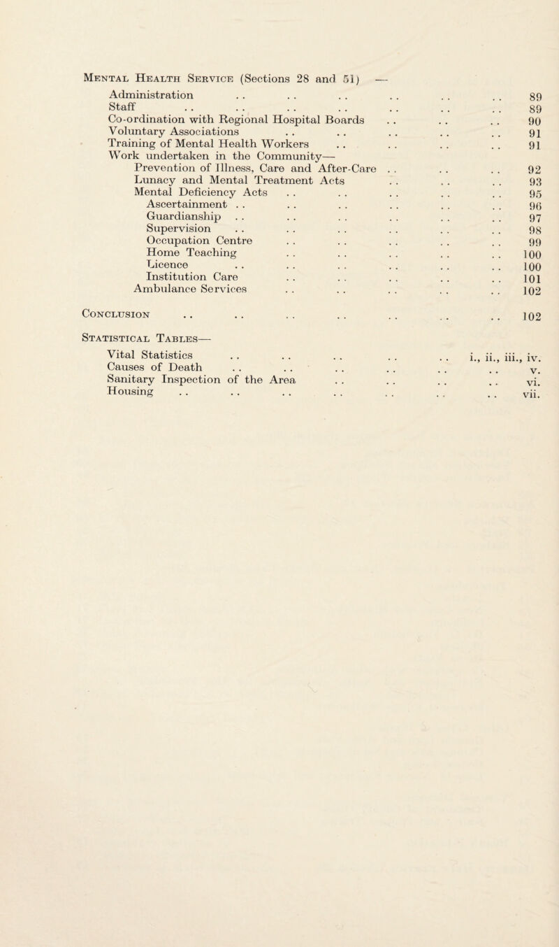 Administration Staff' Co-ordination with Regional Hospital Boards Voluntary Associations Training of Mental Health Workers Work undertaken in the Community— Prevention of Illness, Care and After-Care Lunacy and Mental Treatment Acts Mental Deficiency Acts Ascertainment Guardianship Supervision Occupation Centre Home Teaching Licence Institution Care Ambulance Services Conclusion Statistical Tables— Vital Statistics Causes of Death Sanitary Inspection of the Area Housing