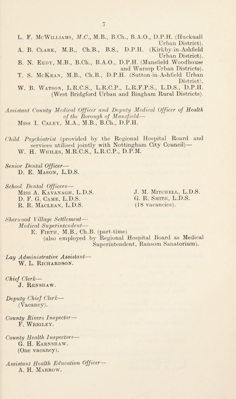 L. F. McWilliams, M.C., M.B., B.Cli., B.A.O., D.P.H. (Hucknall Urban District). A. B. Clark, M.B., Ch.B., B.S., D.P.H. (Kirkby-in-Ashfield Urban District). B. N. Eedy, M.B., B.Ch., B.A.O., D.P.H. (Mansfield Woodhouse and Warsop Urban Districts). T. S. McKean, M.B., Ch.B., D.P.H. (Sutton-in-Ashfield Urban District). W. B. Watson, L.R.C.S., L.R.C.P., L.R.F.P.S., L.D.S., D.P.H. (West Bridgford Urban and Bingham Rural Districts). Assistant County Medical Officer and Deputy Medical Officer of Health of the Borough of Mansfield— Miss I. Caley, M.A., M.B., B.Ch., D.P.H. Child Psychiatrist (provided by the Regional Hospital Roard and services utilised jointly with Nottingham City Council)— W. H. Whiles, M.R.C.S., L.R.C.P., D.P.M. Senior Dental Officer— D. E. Mason, L.D.S. School Dental Officers— Miss A. Kavanagh, L.D.S. D. F. G. Came, L.D.S. R. R. Maclean, L.D.S. Sherwood Village Settlement— Medical Superintendent— E. Firth, M.B., Ch.B. (part-time) (also employed by Regional Hospital Board as Medical Superintendent, Ransom Sanatorium). J. M. Mitchell, L.D.S. G. R. Smith, L.D.S. (18 vacancies). Lay Administrative Assistant— W. L. Richardson. Chief Clerk— J. Renshaw. Deputy Chief Clerk— (Vacancy). County Rivers Inspector— F. Wrigley. County Health Inspectors— G. H. Earnshaw. (One vacancy). Assistant Health Education Officer— A. H. Marrow.