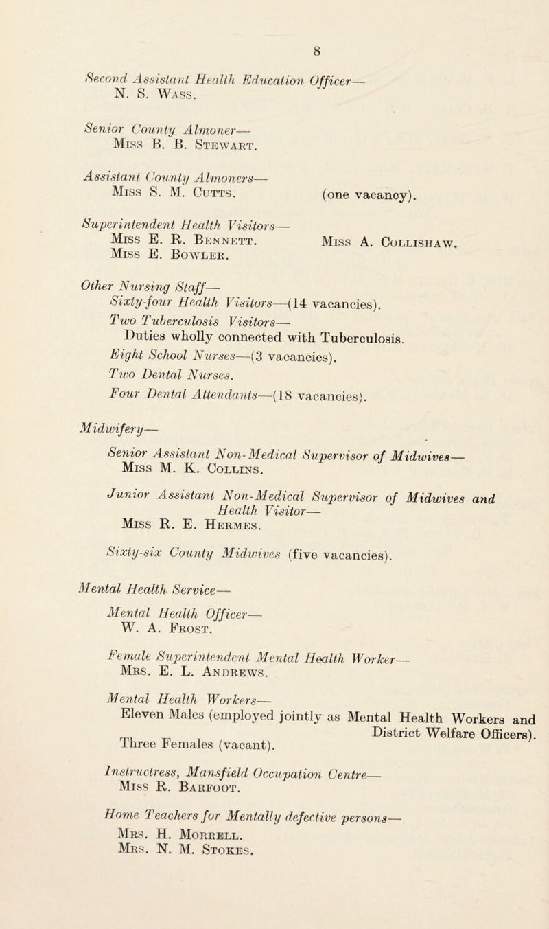 Second. Assistant Health Education Officer— N. S. Wass. Senior County Almoner— Miss B. B. Stewart. Assistant County Almoners— Miss S. M. Cutts. (one vacancy). Superintendent Health Visitors— Miss E. R. Bennett. Miss A. Collisiiaw. Miss E. Bowler. Other Nursing Staff— Sixty-four Health Visitors—(14 vacancies). Two Tuberculosis Visitors— Duties wholly connected with Tuberculosis. Eight School Nurses—(3 vacancies). Two Dental Nurses. Four Dental Attendants—(18 vacancies). Midwifery— Senior Assistant Non-Medical Supervisor of Midwives— Miss M. K. Collins. Junior Assistant Non-Medical Supervisor of Midwives and Health Visitor— Miss R. E. Hermes. Sixty-six County Midwives (five vacancies). Mental Health Service— Mental Health Officer— W. A. Frost. Female Superintendent Mental Health Worker_ Mrs. E. L. Andrews. Mental Health Workers— Eleven Males (employed jointly as Mental Health Workers and rni _ , District Welfare Officers). three Females (vacant). Instructress, Mansfield Occupation Centre_ Miss R. Barfoot. Home Teachers for Mentally defective persons— Mrs. H. Morrell. Mrs. N. M. Stokes.