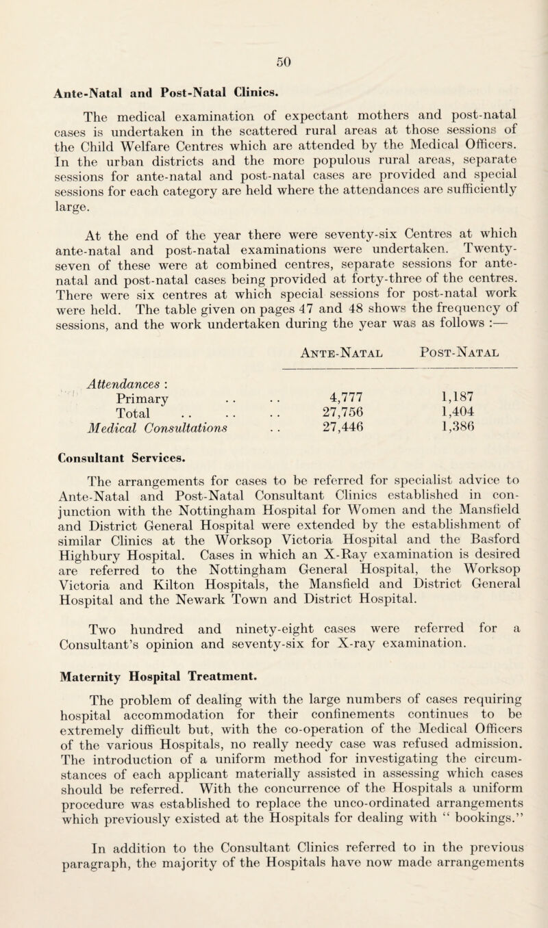 Ante-Natal and Post-Natal Clinics. The medical examination of expectant mothers and post-natal cases is undertaken in the scattered rural areas at those sessions oi the Child Welfare Centres which are attended by the Medical Officers. In the urban districts and the more populous rural areas, separate sessions for ante-natal and post-natal cases are provided and special sessions for each category are held where the attendances are sufficiently large. At the end of the year there were seventy-six Centres at which ante-natal and post-natal examinations were undertaken. Twenty- seven of these were at combined centres, separate sessions for ante¬ natal and post-natal cases being provided at forty-three of the centres. There were six centres at which special sessions for post-natal work were held. The table given on pages 47 and 48 shows the frequency of sessions, and the work undertaken during the year was as follows :— Ante-Natal Post-Natal Attendances : Primary . . • . 4,777 1,187 Total . 27,756 1,404 Medical Consultations . . 27,446 1,386 Consultant Services. The arrangements for cases to be referred for specialist advice to Ante-Natal and Post-Natal Consultant Clinics established in con¬ junction with the Nottingham Hospital for Women and the Mansfield and District General Hospital were extended by the establishment of similar Clinics at the Worksop Victoria Hospital and the Basford Highbury Hospital. Cases in which an X-Ray examination is desired are referred to the Nottingham General Hospital, the Worksop Victoria and Kilton Hospitals, the Mansfield and District General Hospital and the Newark Town and District Hospital. Two hundred and ninety-eight cases were referred for a Consultant’s opinion and seventy-six for X-ray examination. Maternity Hospital Treatment. The problem of dealing with the large numbers of cases requiring hospital accommodation for their confinements continues to be extremely difficult but, with the co-operation of the Medical Officers of the various Hospitals, no really needy case was refused admission. The introduction of a uniform method for investigating the circum¬ stances of each applicant materially assisted in assessing which cases should be referred. With the concurrence of the Hospitals a uniform procedure was established to replace the unco-ordinated arrangements which previously existed at the Hospitals for dealing with “ bookings.” In addition to the Consultant Clinics referred to in the previous paragraph, the majority of the Hospitals have now made arrangements