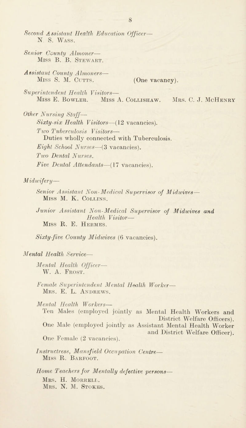 Second Assistant Health Education Officer— N S. Wass. Senior County Almoner— Miss B. B. Stewart. Assistant County Almoners— Miss S. M. Cutts. (One vacancy). Superintendent Health Visitors— Miss E. Bowler. Miss A. Collishaw. Mrs. C. J. McHenry Other Nursing Staff— Sixty-six Health Visitors—(12 vacancies). Two Tuberculosis Visitors— Duties wholly connected with Tuberculosis. Eight School Nurses—-(3 vacancies). Two Dental Nurses. Five Dental Attendants—(17 vacancies). M idwifery— Senior Assistant Non-Medical Supervisor of Midwives— Miss M. K. Collins. Junior Assistant Non-Medical Supervisor of Midwives and Health Visitor— Miss R. E. Hermes. Sixty-five County Midwives (6 vacancies). Mental Health Service— Mental Health Officer— W. A. Frost. Female Superintendent Mental Health Worker— Mrs. E. L. Andrews. Mental Health Workers— Ten Males (employed jointly as Mental Health Workers and District Welfare Officers). One Male (employed jointly as Assistant Mental Health Worker and District Welfare Officer). One Female (2 vacancies). Instructress, Mansfield Occupation Centre— Miss R. Barfoot. Home Teachers for Mentally defective persons— Mrs. H. Morrell. Mrs. N. M. Stokes.