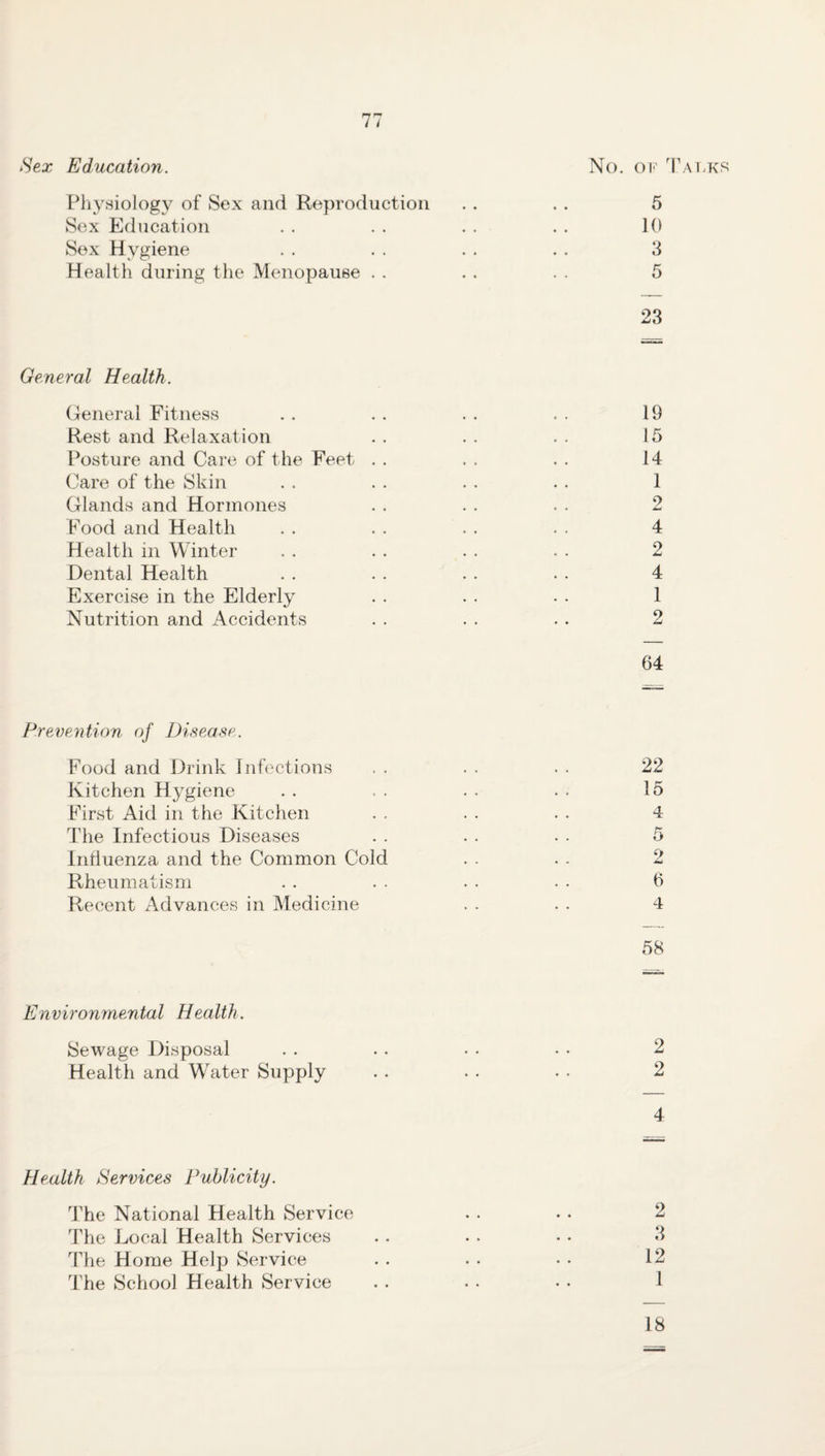 Sex Education. No. of Talks Physiology of Sex and Reproduction . . . . 5 Sex Education . . . . . . . . 10 Sex Hygiene . . . . . . . . 3 Health during the Menopause . . . . . . 5 23 General Health. General Fitness . . . . . . . . 19 Rest and Relaxation . . . . . . 15 Posture and Care of the Feet . . . . . . 14 Care of the Skin . . . . . . . . 1 Glands and Hormones . . . . . . 2 Food and Health . . . . . . . . 4 Health in Winter . . . . . . . . 2 Dental Health . . . . . . . . 4 Exercise in the Elderly . . . . . . 1 Nutrition and Accidents . . . . . . 2 64 Prevention of Disease. Food and Drink Infections Kitchen Hygiene First Aid in the Kitchen The Infectious Diseases Influenza and the Common Cold Rheumatism Recent Advances in Medicine 22 15 4 6 4 58 Environmental Health. Sewage Disposal . . . . . . . . 2 Health and Water Supply . . . . . . 2 4 Health Services Publicity. The National Health Service . . . . 2 The Local Health Services . . . . • • 3 The Home Help Service . . . . • • 12 The School Health Service . . . . • • 1 18