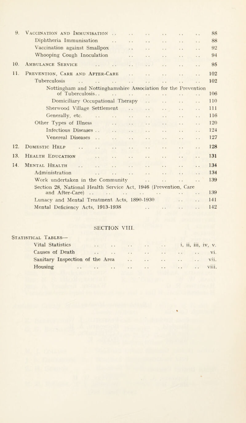 Diphtheria Immunisation . . . . . . . . . . . . 88 Vaccination against Smallpox . . . . . . . . . . 92 Whooping Cough Inoculation . . . . . . . . . . 94 10. Ambulance Service . . . . . . . . . . . . .. 95 11. Prevention, Care and After-Care .. .. .. .. ,. 102 Tuberculosis . . . . . . . . . . . , . . . . 102 Nottingham and Nottinghamshire Association for the Prevention of Tuberculosis. . . . . . . . . . . . . . 106 Domiciliary Occupational Therapy .. .. .. .. 110 Sherwood Village Settlement . . . . . . . . . . Ill Generally, etc, . . . . . . . . . . . . . . 116 Other Types of Illness . . . . . . . . . . . . 120 Infectious Diseases . . . . . . . . . . . . . . 124 Venereal Diseases . . . . . . . . . . . . . . 127 12. Domestic Help .. . . .. . . . . .. . . . . 128 13. Health Education . . . . . . . . .. .. .. 131 14. Mental Health , . . . . . , . . . . . . . .. 134 Administration . . . . . . . . . . . . . . 134 Work undertaken in the Community . . . . . . . . 139 Section 28, National Health Service Act, 1946 (Prevention, Care and After-Care) . . . . . . . . . . . . . . 139 Lunacy and Mental Treatment Acts, 1890-1930 . . . . 141 Mental Deficiency Acts, 1913-1938 . . .. . . . . 142 SECTION vni. Statistical Tables— Vital Statistics . . , . . . . . . . i, ii, iii, iv, v. Causes of Death . . . . . . . . . . • . . . vi. Sanitary Inspection of the Area . . .. . . . . . . vii. Housing . . .. . . . . . . .. . . . . viii.