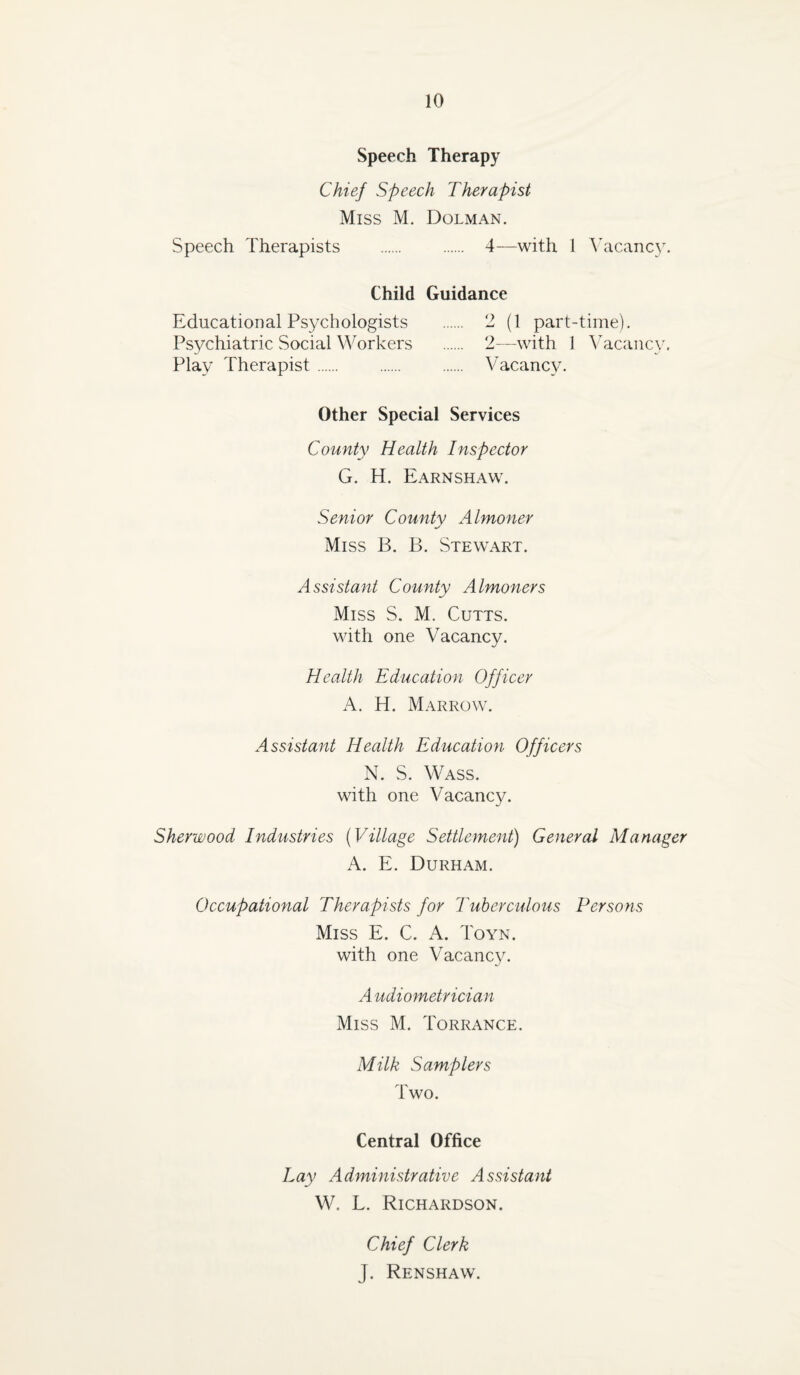 Speech Therapy Chief Speech Therapist Miss M. Dolman. Speech Therapists . 4—with 1 Vacancy. Child Guidance Educational Psychologists . 2 (1 part-time). Psychiatric Social Workers . 2—with 1 Vacancy. Play Therapist. Vacancy. Other Special Services County Health Inspector G. H. Earnshaw. Senior County Almoner Miss B. B. Stewart. Assistant County Almoners Miss S. M. Cutts. with one Vacancy. Health Education Officer A. H. Marrow. Assistant Health Education Officers N. S. Wass. with one Vacancy. Sherwood Industries (Village Settlement) General Manager A. E. Durham. Occupational Therapists for Tuberculous Persons Miss E. C. A. Toyn. with one Vacancy. A udiometrician Miss M. Torrance. Milk Samplers Two. Central Office Lay Administrative Assistant W. L. Richardson. Chief Clerk J. Renshaw.