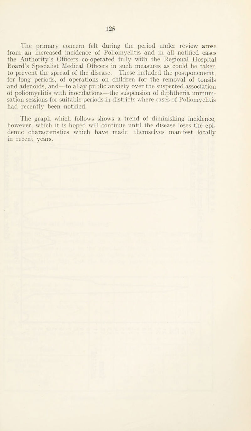 The primary concern felt during the period under review arose from an increased incidence of Poliomyelitis and in all notified cases the Authority’s Officers co-operated fully with the Regional Hospital Board’s Specialist Medical Officers in such measures as could be taken to prevent the spread of the disease. These included the postponement, for long periods, of operations on children for the removal of tonsils and adenoids, and—to allay public anxiety over the suspected association of poliomyelitis with inoculations—the suspension of diphtheria immuni¬ sation sessions for suitable periods in districts where cases of Poliomyelitis had recently been notihed. The graph which follows shows a trend of diminishing incidence, however, which it is hoped will continue until the disease loses the epi¬ demic characteristics which have made themselves manifest locally in recent years.