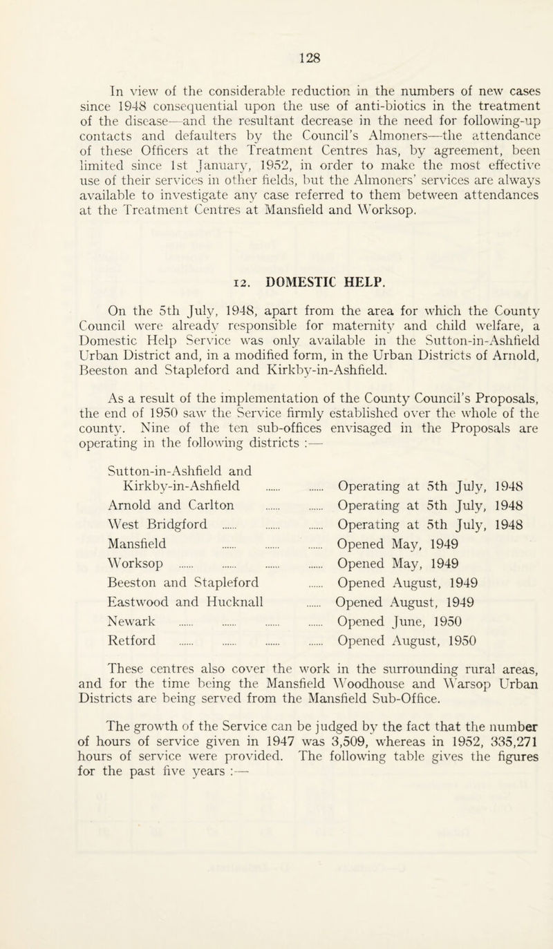 In view of the considerable reduction in the numbers of new cases since 1948 consequential upon the use of anti-biotics in the treatment of the disease—and the resultant decrease in the need for following-up contacts and defaulters by the Councirs Almoners—the attendance of these Officers at the Treatment Centres has, by agreement, been limited since 1st January, 1952, in order to make the most effecti\'e use of their services in otlier helds, but the Almoners’ services are always available to investigate any case referred to them between attendances at the Treatment Centres at Mansfield and WMrksop. 12. DOMESTIC HELP. On the 5th July, 1948, apart from the area for which the County Council were already responsible for maternity and child welfare, a Domestic Help Service was only available in the Sutton-in-Ashfield Urban District and, in a modified form, in the Urban Districts of Arnold, Beeston and Stapleford and Kirkby-in-Ashfield. As a result of the implementation of the County Council’s Proposals, the end of 1950 saw the Service firmly established over the whole of the county. Nine of the ten sub-offices envisaged in the Proposals are operating in the following districts :— Sutton-in-Ashfield and Kirkby-in-Ashfield Arnold and Carlton West Bridgford . Mansfield Worksop . Beeston and Stapleford Eastwood and Hucknall Newark . Retford . Operating at 5th July, 1948 Operating at 5th July, 1948 Operating at 5th July, 1948 Opened May, 1949 Opened May, 1949 Opened August, 1949 Opened x\ugust, 1949 Opened June, 1950 Opened August, 1950 These centres also cover the work in the surrounding rural areas, and for the time being the Mansfield MModhouse and Warsop Urban Districts are being served from the Mansfield Sub-Office. The growth of the Service can be judged by the fact that the number of hours of service given in 1947 was 3,509, whereas in 1952, 335,271 hours of service were provided. The following table gives the figures for the past five years ;—
