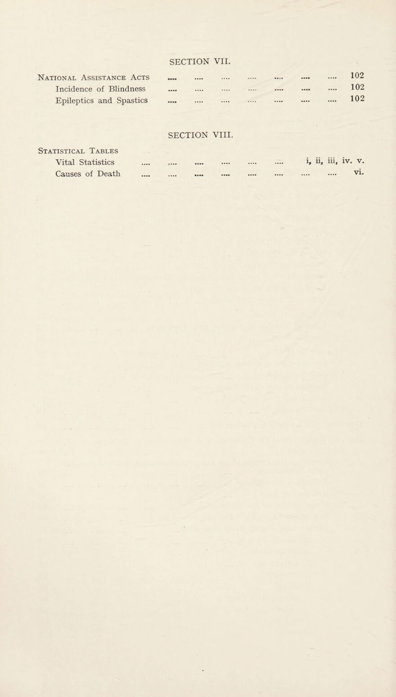 National Assistance Acts . Incidence of Blindness Epileptics and Spastics 102 102 102 SECTION VIII. Statistical Tables Vital Statistics Causes of Death i, ii, iii, iv. v.