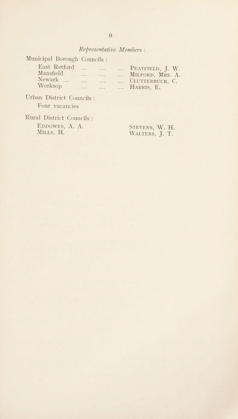 Representative Members : Municipal Borough Councils : East Retford Mansfield Newark .... Worksop Urban District Councils : Four vacancies Peatfield, J. W Milford, Mrs. A Clutterbuck, C. Harris, E. Rural District Councils : Eddowes, a. a. Mills, H. Stevens, W. H. Walters, J. T.