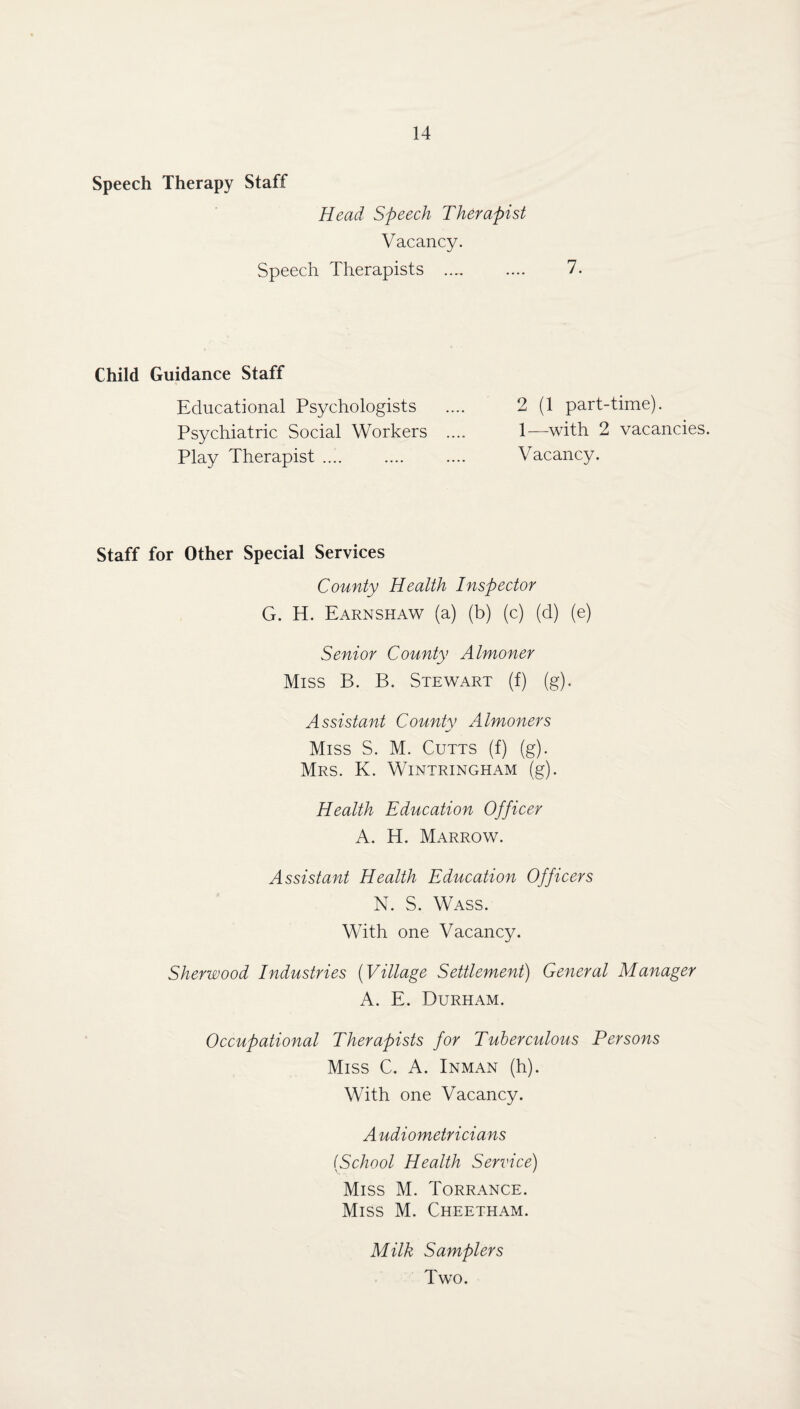 Speech Therapy Staff Head Speech Therapist Vacancy. Speech Therapists .... 7. Child Guidance Staff Educational Psychologists Psychiatric Social Workers Play Therapist .... 2 (1 part-time). 1—with 2 vacancies. Vacancy. Staff for Other Special Services County Health Inspector G. H. Earnshaw (a) (b) (c) (d) (e) Senior County Almoner Miss B. B. Stewart (f) (g). Assistant County Almoners Miss S. M. Cutts (f) (g). Mrs. K. Wintringham (g). Health Education Officer A. H. Marrow. Assistant Health Education Officers N. S. Wass. With one Vacancy. Sherwood Industries [Village Settlement) General Manager A. E. Durham. Occupational Therapists for Tuberculous Persons Miss C. A. Inman (h). With one Vacancy. A udiometricians [School Health Service) Miss M. Torrance. Miss M. Cheetham. Milk Samplers Two.