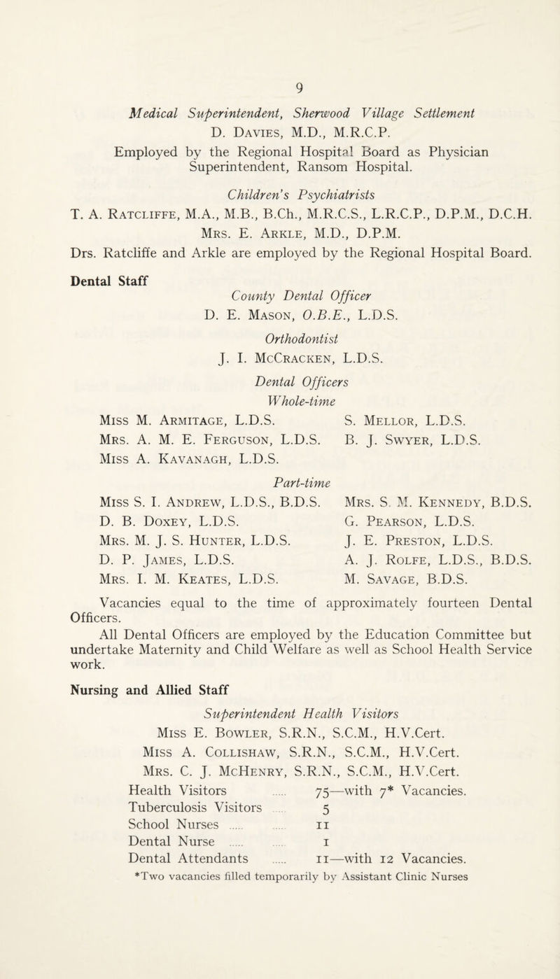 Medical Superintendent, Sherwood Village Settlement D. Davies, M.D., M.R.C.P. Employed by the Regional Hospital Board as Physician Superintendent, Ransom Plospital. Children s Psychiatrists T. A. Ratcliffe, M.A., M.B,, B.Ch., M.R.C.S., L.R.C.P., D.P.M., D.C.H. Mrs. E. Arkle, M.D., D.P.M. Drs. Ratcliffe and Arkle are employed by the Regional Hospital Board. Dental Staff County Dental Officer D. E. Mason, L.D.S. Orthodontist J. I. McCracken, L.D.S. Dental Officers Whole-time Miss M. Armitage, L.D.S. S. Mellor, L.D.S. Mrs. a. M. E. Ferguson, L.D.S. B. J. Swyer, L.D.S. Miss A. Kavanagh, L.D.S. Part-time Miss S. I. Andrew, L.D.S., B.D.S. D. B. Doxey, L.D.S. Mrs. M. j. S. Hunter, L.D.S. D. P. James, L.D.S. Mrs. I. M. Keates, L.D.S. Mrs. S M. Kennedy, B.D.S. G. Pearson, L.D.S. J. E. Preston, L.D.S. A. J. Rolfe, L.D.S., B.D.S. M. Savage, B.D.S. Vacancies equal to the time of approximately fourteen Dental Officers. All Dental Officers are employed by the Education Committee but undertake Maternity and Child Welfare as well as School Health Service work. Nursing and Allied Staff Superintendent Health Visitors Miss E. Bowler, S.R.N., S.C.M., H.V.Cert. Miss A. Collishaw, S.R.N., S.C.M., H.V.Cert. Mrs. C. j. McHenry, S.R.N., S.C.M., H.V.Cert. Health Visitors . 75—with 7* Vacancies. Tuberculosis Visitors 5 School Nurses . ii Dental Nurse . i Dental Attendants . ii—with 12 Vacancies. *Two vacancies filled temporarily by Assistant Clinic Nurses