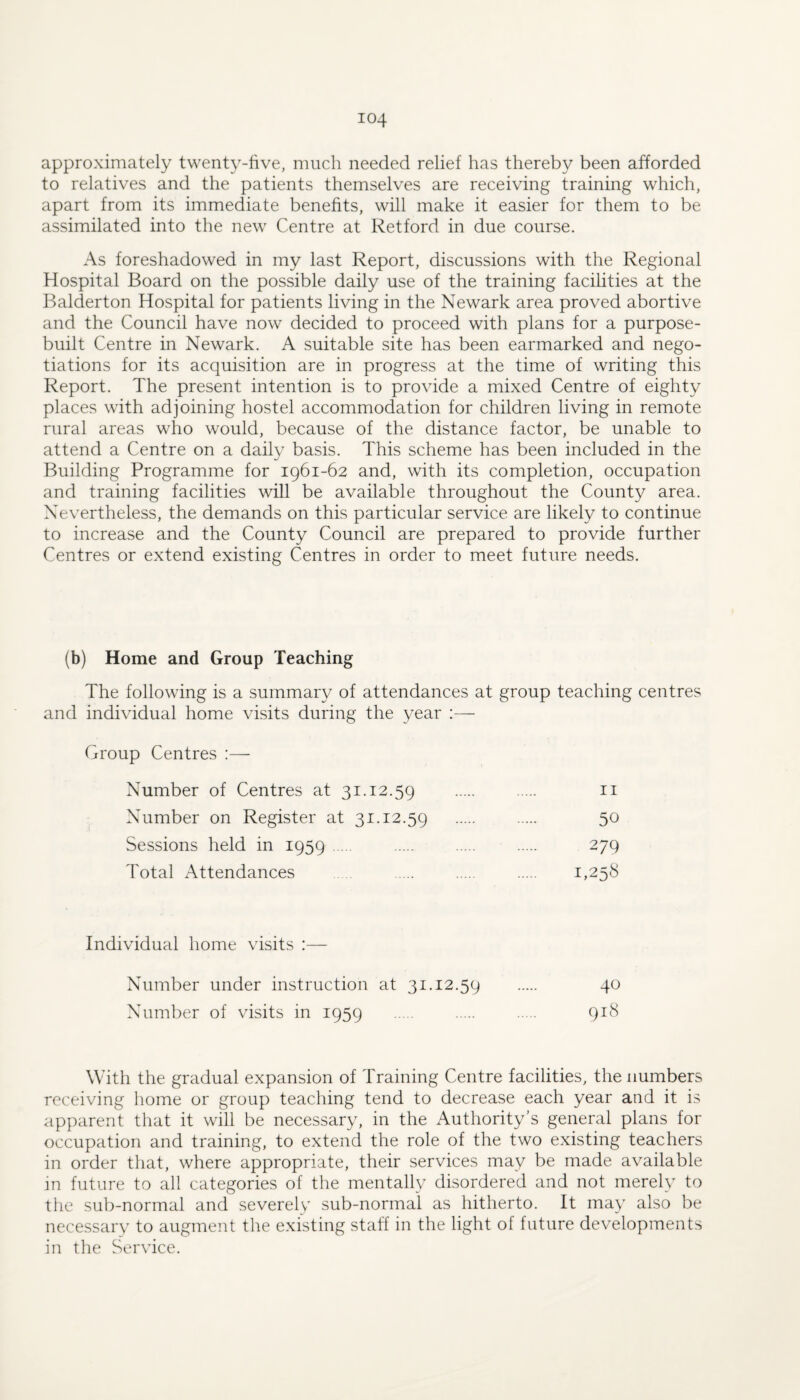 approximately twenty-five, much needed relief has thereby been afforded to relatives and the patients themselves are receiving training which, apart from its immediate benefits, will make it easier for them to be assimilated into the new Centre at Retford in due course. As foreshadowed in my last Report, discussions with the Regional Hospital Board on the possible daily use of the training facilities at the Balderton Hospital for patients living in the Newark area proved abortive and the Council have now decided to proceed with plans for a purpose- built Centre in Newark. A suitable site has been earmarked and nego¬ tiations for its acquisition are in progress at the time of writing this Report. The present intention is to provide a mixed Centre of eighty places with adjoining hostel accommodation for children living in remote rural areas who would, because of the distance factor, be unable to attend a Centre on a dailv basis. This scheme has been included in the Building Programme for 1961-62 and, with its completion, occupation and training facilities will be available throughout the County area. Nevertheless, the demands on this particular service are likely to continue to increase and the County Council are prepared to provide further Centres or extend existing Centres in order to meet future needs. (b) Home and Group Teaching The following is a summary of attendances at group teaching centres and individual home visits during the year :— Group Centres :— Number of Centres at 31.12.59 . . ii Number on Register at 31.12.59 . . 50 Sessions held in 1959. . . . 279 Total Attendances . . . 1,258 Individual home visits :— Number under instruction at 31.12.59 . 40 Number of visits in 1959 . . . 918 With the gradual expansion of Training Centre facilities, the numbers receiving home or group teaching tend to decrease each year and it is apparent that it will be necessary, in the Authority’s general plans for occupation and training, to extend the role of the two existing teachers in order that, where appropriate, their services may be made available In future to all categories of the mentally disordered and not merely to the sub-normal and severely sub-normal as hitherto. It may also be necessary to augment the existing staff in the light of future developments in the Service.