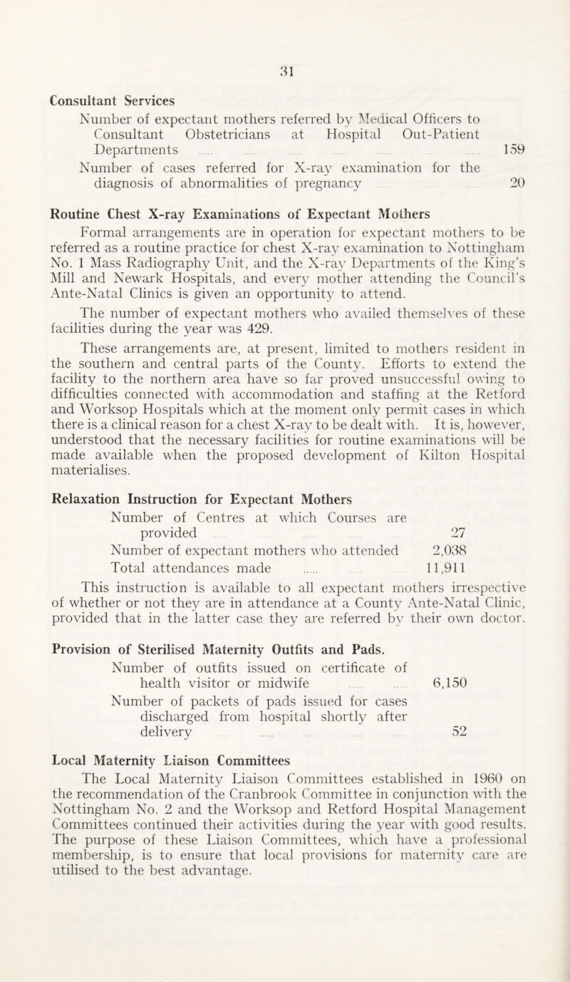 Consultant Services Number of expectant mothers referred by Medical Officers to Consultant Obstetricians at Hospital Out-Patient Departments ... 159 Number of cases referred for X-ray examination for the diagnosis of abnormalities of pregnancy 20 Routine Chest X-ray Examinations of Expectant Mothers Formal arrangements are in operation for expectant mothers to be referred as a routine practice for chest X-ray examination to Nottingham No. 1 Mass Radiography Unit, and the X-ray Departments of the King’s Mill and Newark Hospitals, and every mother attending the Council’s Ante-Natal Clinics is given an opportunity to attend. The number of expectant mothers who availed themselves of these facilities during the year was 429. These arrangements are, at present, limited to mothers resident in the southern and central parts of the County. Efforts to extend the facility to the northern area have so far proved unsuccessful owing to difficulties connected with accommodation and staffing at the Retford and Worksop Hospitals which at the moment only permit cases in which there is a clinical reason for a chest X-ray to be dealt with. It is, however, understood that the necessary facilities for routine examinations will be made available when the proposed development of Kilton Hospital materialises. Relaxation Instruction for Expectant Mothers Number of Centres at which Courses are provided 27 Number of expectant mothers who attended 2,038 Total attendances made . 11,911 This instruction is available to all expectant mothers irrespective of whether or not they are in attendance at a County Ante-Natal Clinic, provided that in the latter case they are referred bv their own doctor. Provision of Sterilised Maternity Outfits and Pads. Number of outfits issued on certificate of health visitor or midwife 6,150 Number of packets of pads issued for cases discharged from hospital shortly after delivery . 52 Local Maternity Liaison Committees The Local Maternity Liaison Committees established in 1960 on the recommendation of the Cranbrook Committee in conjunction with the Nottingham No. 2 and the Worksop and Retford Hospital Management Committees continued their activities during the year with good results. The purpose of these Liaison Committees, which have a professional membership, is to ensure that local provisions for maternity care are utilised to the best advantage.