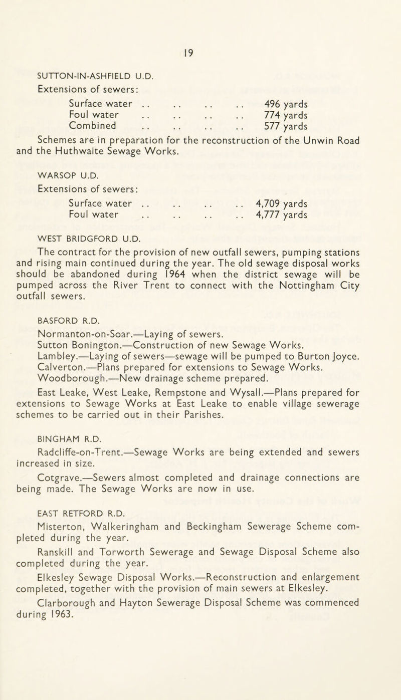 SUTTON-IN-ASHFIELD U.D. Extensions of sewers: Surface water .. .. .. .. 496 yards Foul water . 774 yards Combined . 577 yards Schemes are in preparation for the reconstruction of the Unwin Road and the Huthwaite Sewage Works. WARSOP U.D. Extensions of sewers: Surface water .. .. . . . . 4,709 yards Foul water .. .. .. .. 4,777 yards WEST BRIDGFORD U.D. The contract for the provision of new outfall sewers, pumping stations and rising main continued during the year. The old sewage disposal works should be abandoned during 1964 when the district sewage will be pumped across the River Trent to connect with the Nottingham City outfall sewers. BASFORD R.D. Normanton-on-Soar.—Laying of sewers. Sutton Bonington.—Construction of new Sewage Works. Lambley.—Laying of sewers—sewage will be pumped to Burton Joyce. Calverton.—Plans prepared for extensions to Sewage Works. Woodborough.—New drainage scheme prepared. East Leake, West Leake, Rempstone and Wysall.—Plans prepared for extensions to Sewage Works at East Leake to enable village sewerage schemes to be carried out in their Parishes. BINGHAM R.D. Radcliffe-on-Trent.—Sewage Works are being extended and sewers increased in size. Cotgrave.—Sewers almost completed and drainage connections are being made. The Sewage Works are now in use. EAST RETFORD R.D. Misterton, Walkeringham and Beckingham Sewerage Scheme com¬ pleted during the year. Ranskill and Torworth Sewerage and Sewage Disposal Scheme also completed during the year. Elkesley Sewage Disposal Works.—Reconstruction and enlargement completed, together with the provision of main sewers at Elkesley. Clarborough and Hayton Sewerage Disposal Scheme was commenced during 1963.