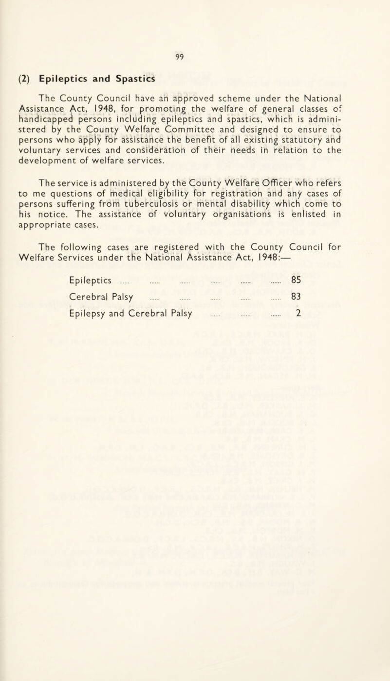 (2) Epileptics and Spastics The County Council have an approved scheme under the National Assistance Act, 1948, for promoting the welfare of general classes of handicapped persons including epileptics and spastics, which is admini¬ stered by the County Welfare Committee and designed to ensure to persons who apply for assistance the benefit of all existing statutory and voluntary services and consideration of their needs in relation to the development of welfare services. The service is administered by the County Welfare Officer who refers to me questions of 'medical eligibility for registration and any cases of persons suffering from tuberculosis or mental disability which come to his notice. The assistance of voluntary organisations is enlisted in appropriate cases. The following cases are registered with the County Council for Welfare Services under the National Assistance Act, 1948:— Epileptics . 85 Cerebral Palsy . 83 Epil epsy and Cerebral Palsy . 2