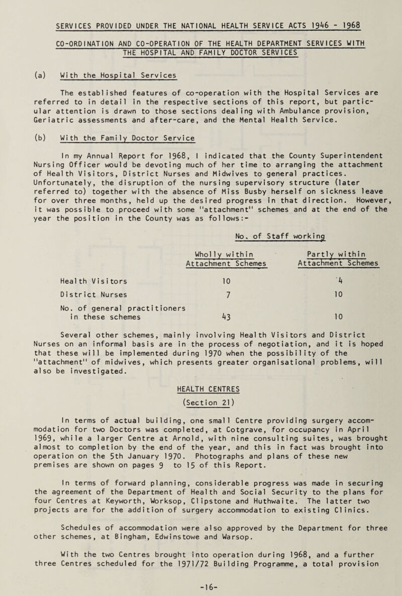 SERVICES PROVIDED UNDER THE NATIONAL HEALTH SERVICE ACTS 19^6 -1968 CO-ORDINATION AND CO-OPERATION OF THE HEALTH DEPARTMENT SERVICES WITH THE HOSPITAL AND FAMILY DOCTOR SERVICES (a) With the Hospital Services The established features of co-operation with the Hospital Services are referred to in detail in the respective sections of this report, but partic¬ ular attention is drawn to those sections dealing with Ambulance provision, Geriatric assessments and after-care, and the Mental Health Service. (b) With the Family Doctor Service In my Annual Report for 1968, I indicated that the County Superintendent Nursing Officer would be devoting much of her time to arranging the attachment of Health Visitors, District Nurses and Midwives to general practices. Unfortunately, the disruption of the nursing supervisory structure (later referred to) together with the absence of Miss Busby herself on sickness leave for over three months, held up the desired progress in that direction. However, it was possible to proceed with some attachment schemes and at the end of the year the position in the County was as follows:- No. of Staff working Whol1y within Attachment Schemes Part1y within Attachment Schemes Health Visitors 10 '4 District Nurses 7 10 No. of general practitioners in these schemes 43 10 Several other schemes, mainly involving Health Visitors and District Nurses on an informal basis are in the process of negotiation, and it is hoped that these will be implemented during 1970 when the possibility of the attachment of midwives, which presents greater organisational problems, will also be investigated. HEALTH CENTRES (Section 21) In terms of actual building, one small Centre providing surgery accom¬ modation for two Doctors was completed, at Cotgrave, for occupancy in April 1969, while a larger Centre at Arnold, with nine consulting suites, was brought almost to completion by the end of the year, and this in fact was brought into operation on the 5th January 1970. Photographs and plans of these new premises are shown on pages 9 to 15 of this Report. In terms of forward planning, considerable progress was made in securing the agreement of the Department of Health and Social Security to the plans for four Centres at Keyworth, Worksop, Clipstone and Huthwaite. The latter two projects are for the addition of surgery accommodation to existing Clinics. Schedules of accommodation were also approved by the Department for three other schemes, at Bingham, Edwinstowe and Warsop. With the two Centres brought into operation during 1968, and a further three Centres scheduled for the 1971/72 Building Programme, a total provision -16-