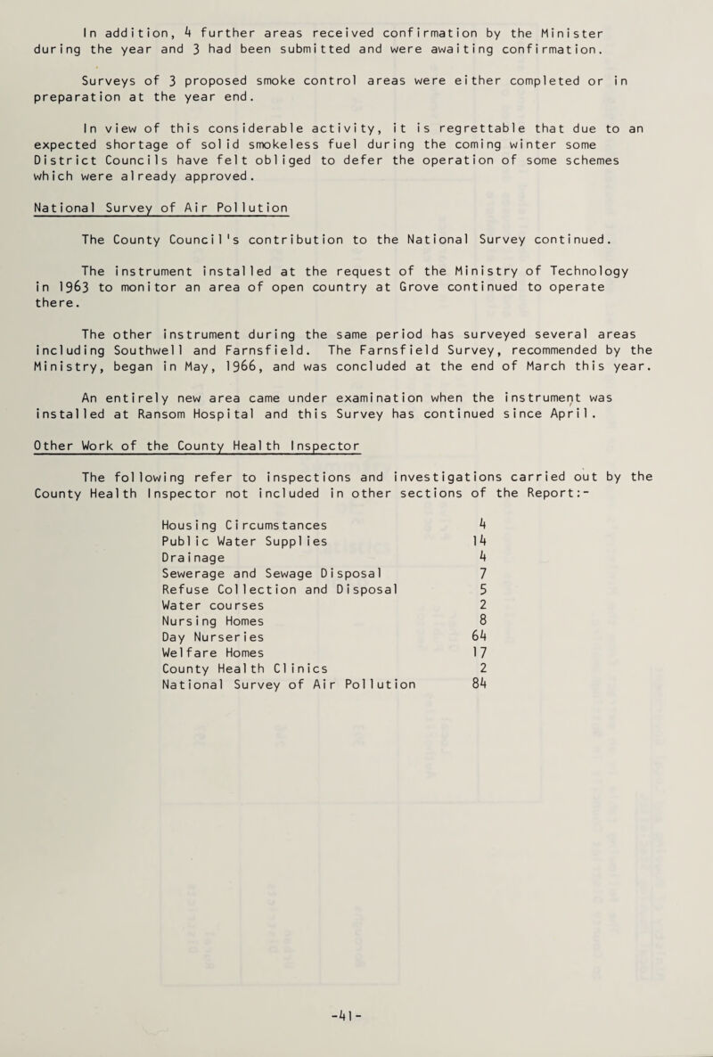 In addition, 4 further areas received confirmation by the Minister during the year and 3 had been submitted and were awaiting confirmation. Surveys of 3 proposed smoke control areas were either completed or in preparation at the year end. In view of this considerable activity, it is regrettable that due to an expected shortage of solid smokeless fuel during the coming winter some District Councils have felt obliged to defer the operation of some schemes which were already approved. National Survey of Air Pollution The County Council's contribution to the National Survey continued. The instrument installed at the request of the Ministry of Technology in 1963 to monitor an area of open country at Grove continued to operate there. The other instrument during the same period has surveyed several areas including Southwell and Farnsfield. The Farnsfield Survey, recommended by the Ministry, began in May, 1966, and was concluded at the end of March this year. An entirely new area came under examination when the instrument was installed at Ransom Hospital and this Survey has continued since April. Other Work of the County Health Inspector The following refer to inspections and investigations carried out by the County Health Inspector not included in other sections of the Report:- Housing Circumstances Public Water Supplies Drainage Sewerage and Sewage Disposal Refuse Collection and Disposal Water courses Nursing Homes Day Nurseries Welfare Homes County Health Clinics National Survey of Air Pollution 4 14 4 7 5 2 8 64 17 2 84 -41-