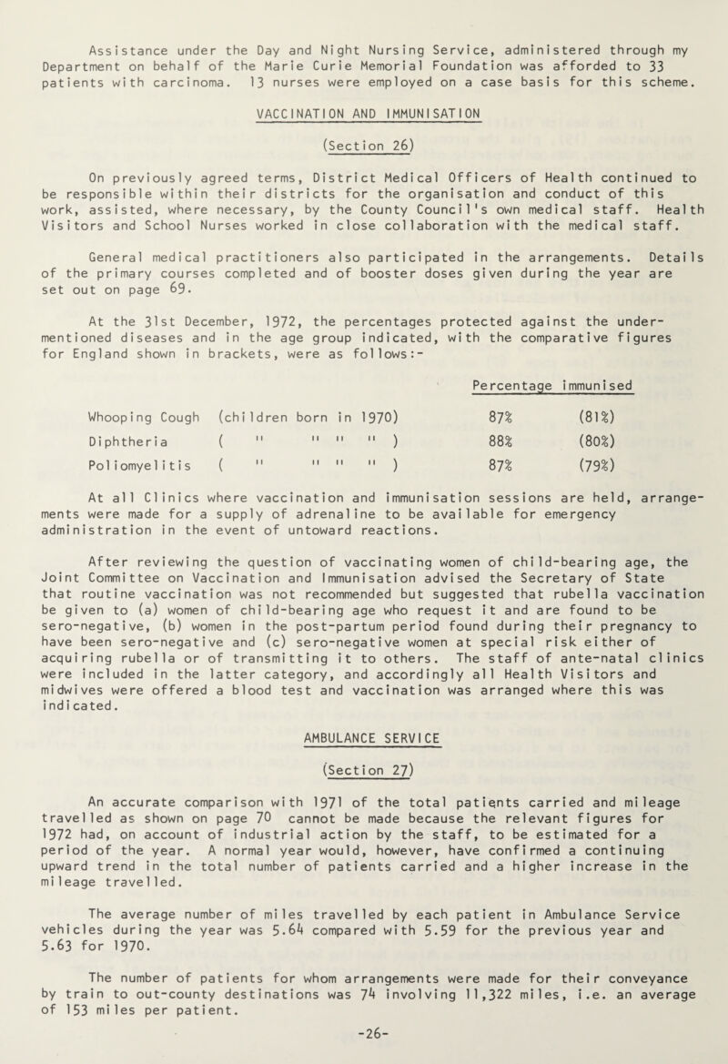 Assistance under the Day and Night Nursing Service, administered through my Department on behalf of the Marie Curie Memorial Foundation was afforded to 33 patients with carcinoma. 13 nurses were employed on a case basis for this scheme. VACCINATION AND IMMUNISATION (Section 26) On previously agreed terms, District Medical Officers of Health continued to be responsible within their districts for the organisation and conduct of this work, assisted, where necessary, by the County Council's own medical staff. Health Visitors and School Nurses worked in close collaboration with the medical staff. General medical practitioners also participated in the arrangements. Details of the primary courses completed and of booster doses given during the year are set out on page 69. At the 31st December, 1972, the percentages protected against the under¬ mentioned diseases and in the age group indicated, with the comparative figures for England shown in brackets, were as f011ows:- Percentage immunised Whooping Cough (chi1dren born in 1970) 87% (8U) Diphthe ria (  11 11  ) m (80%) Poliomyelitis (  11 11  ) S7% (13%) At all Clinics where vaccination and immunisation sessions are held, arrange¬ ments were made for a supply of adrenaline to be available for emergency administration in the event of untoward reactions. After reviewing the question of vaccinating women of child-bearing age, the Joint Committee on Vaccination and Immunisation advised the Secretary of State that routine vaccination was not recommended but suggested that rubella vaccination be given to (a) women of child-bearing age who request it and are found to be sero-negative, (b) women in the post-partum period found during their pregnancy to have been sero-negative and (c) sero-negative women at special risk either of acquiring rubella or of transmitting it to others. The staff of ante-natal clinics were included in the latter category, and accordingly all Health Visitors and midwives were offered a blood test and vaccination was arranged where this was i ndicated. AMBULANCE SERVICE (Section 27) An accurate comparison with 1971 of the total patiqnts carried and mileage travelled as shown on page 70 cannot be made because the relevant figures for 1972 had, on account of industrial action by the staff, to be estimated for a period of the year. A normal year would, however, have confirmed a continuing upward trend in the total number of patients carried and a higher increase in the mi 1eage t rave lied. The average number of miles travelled by each patient in Ambulance Service vehicles during the year was 5.64 compared with 5.59 for the previous year and 5.63 for 1970. The number of patients for whom arrangements were made for their conveyance by train to out-county destinations was 74 involving 11,322 miles, i.e. an average of 153 miles per patient. -26-