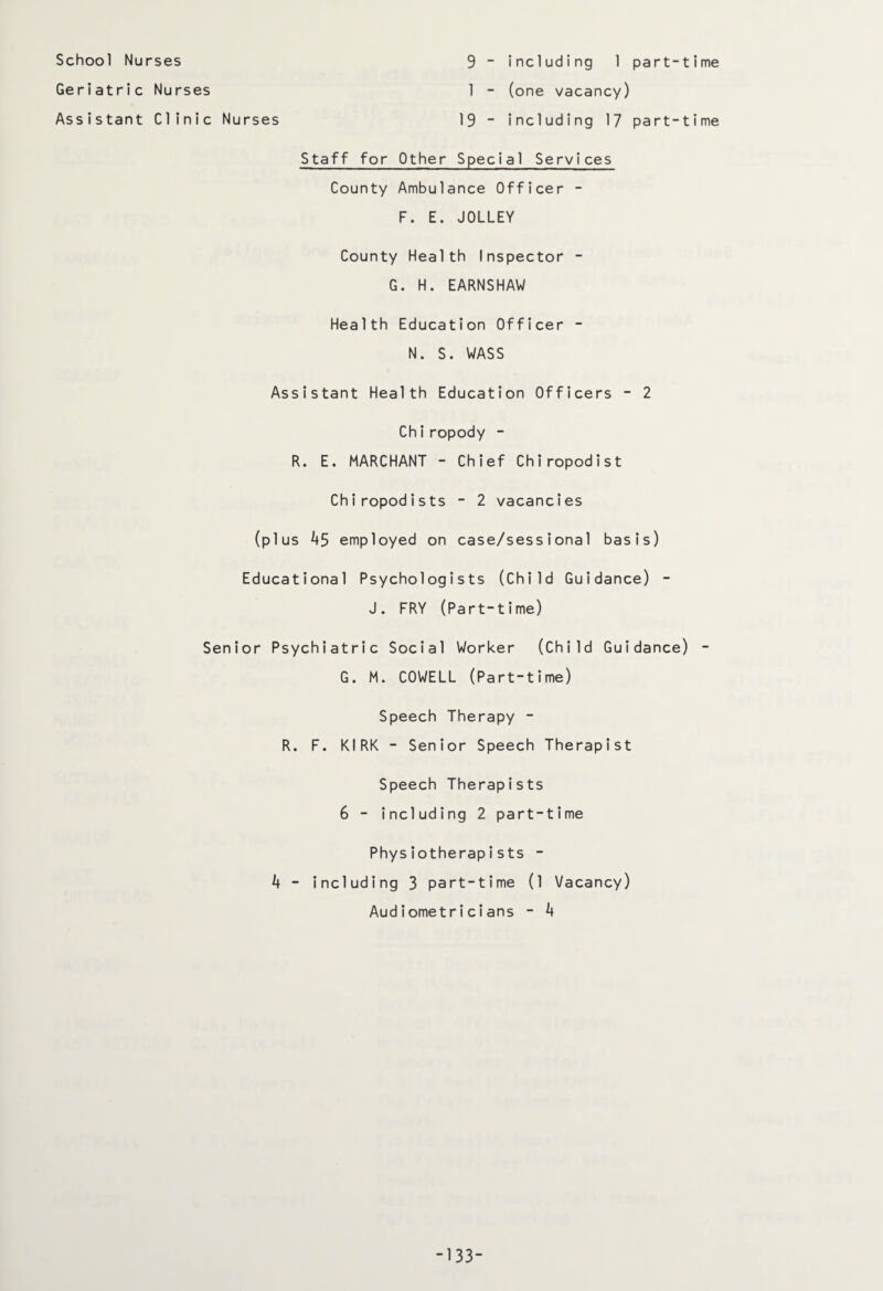 School Nurses 9 _ including 1 part-time 1 - (one vacancy) 19 _ including 17 part-time Geriatric Nurses Assistant Clinic Nurses Staff for Other Special Services County Ambulance Officer - F. E. JOLLEY County Health Inspector - G. H. EARNSHAW Health Education Officer - N. S. WASS Assistant Health Education Officers - 2 Chiropody - R. E. MARCHANT - Chief Chiropodist Chiropodists - 2 vacancies (plus kS employed on case/sessional basis) Educational Psychologists (Child Guidance) - J. FRY (Part-time) Senior Psychiatric Social Worker (Child Guidance) - G. M. COWELL (Part-time) Speech Therapy - R. F. KIRK - Senior Speech Therapist Speech Therapists 6 - including 2 part-time Physiotherapists - k - including 3 part-time (1 Vacancy) Audiometricians - b -133-