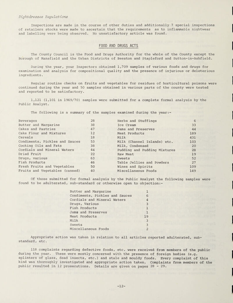 Nightdresses Regulations Inspections are made in the course of other duties and additionally 7 special inspections of retailers stocks were made to ascertain that the requirements as to inflammable nightwear and labelling were being observed. No unsatisfactory article was found. FOOD AND DRUGS ACTS The County Council is the Food and Drugs Authority for the whole of the County except the Borough of Mansfield and the Urban Districts of Beeston and Stapleford and Sutton-in-Ashfield. During the year, your Inspectors obtained 1,709 samples of various foods and drugs for examination and analysis for compositional quality and the presence of injurious or deleterious ingredients. Regular routine checks on fruits and vegetables for residues of horticultural poisons were continued during the year and 50 samples obtained in various parts of the county were tested and reported to be satisfactory. 1,121 (1,101 in 1969/70) samples were submitted for a complete formal analysis by the Public Analyst. The following is a summary of the samples examined during the year:- Beverages 28 Butter and Margarine 38 Cakes and Pastries 47 Cake Flour and Mixtures 12 Cereals 18 Condiments, Pickles and Sauces 53 Cooking Oils and Fats 38 Cordials and Mineral Waters 44 Dried Fruit 22 Drugs, various 63 Fish Products 46 Fresh Fruits and Vegetables 50 Fruits and Vegetables (canned) 40 Herbs and Stuffings 6 Ice Cream 33 Jams and Preserves 44 Meat Products 189 Milk 431 Milk (Channel Islands) etc. 103 Milk, Condensed 20 Pudding and Pudding Mixtures 28 Raw Meat 19 Sweets 52 Table Jellies and Powders 27 Wines and Spirits 109 Miscellaneous Foods 149 Of those submitted for formal analysis by the Public Analyst the following samples were found to be adulterated, sub-standard or otherwise open to objection:- Butter and Margarine 1 Condiments, Pickles and Sauces 6 Cordials and Mineral Waters 4 Drugs, Various 3 Fish Products 1 Jams and Preserves 1 Meat Products 19 Milk 3 Sweets 3 Miscellaneous Foods 2 Appropriate action was taken in relation to all articles reported adulterated, sub¬ standard , etc. 118 complaints regarding defective foods, etc. were received from members of the public during the year. These were mostly concerned with the presence of foreign bodies (e.g. splinters of glass, dead insects, etc.) and stale and mouldy foods. Every complaint of this kind was thoroughly investigated and appropriate action taken. Complaints from members of the public resulted in 12 prosecutions. Details are given on pages 28 - 29. -12-