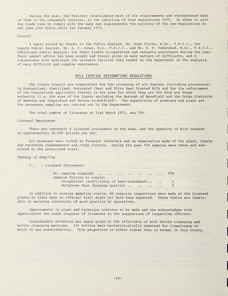 During the year, the Ministry consolidated most of the requirements and strengthened many of them in the consumer's interest, in the Labelling of Food Regulations 1970. In order to give the trade time to comply with the many new requirements the majority of the new Regulations do not come into force until 1st January 1973. General I again record my thanks to the Public Analyst, Mr. Hugh Childs, B.Sc., F.R.I.C., the Deputy Public Analyst, Mr. A. 0. Jones, M.A., F.R.I.C., and Mr. E. P. Underwood, B.Sc., F.R.I.C., Additional Public Analyst, for their kindly co-operation and valuable assistance during the year. Their expert advice has been sought and freely given on many matters of difficulty, and I acknowledge with gratitude the valuable services they render to the Department in the analysis of many difficult and complex substances. MILK (SPECIAL DESIGNATION) REGULATIONS The County Council are responsible for the licensing of all dealers (including processors) in Pasteurised, Sterilised, Untreated (Raw) and Ultra Heat Treated Milk and for the enforcement of the regulations applicable thereto in the area for which they are the food and drugs authority (i.e. the area of the County excluding the Borough of Mansfield and the Urban Districts of Beeston and Stapleford and Sutton-in-Ashfield). The supervision of premises and plant and the necessary sampling are carried out by the Department. The total number of licensees at 31st March 1971, was 793. Licensed Processors There are currently 6 licensed processors in the area, and the quantity of milk treated is approximately 18,000 gallons per day. All premises were visted at frequent intervals and an examination made of the plant, charts and recording thermometers and other records. During the year 574 samples were taken and sub¬ mitted to the prescribed tests. Summary of Sampling 1. - Licensed Processors: No. samples examined .. .. .. .. .. .. .. 574 Samples failing to comply: Phosphatase (sufficiency of heat-treatment).. .. 1 Methylene Blue (keeping quality) .. .. .. .. 5 In addition to routine sampling visits, 46 surprise inspections were made at the licensed plants at times when an official visit might not have been expected. These visits are invalu¬ able in securing continuity of good practice by operatives. Improvements in plant and technique continue to be made and one acknowledges with appreciation the ready response of licensees to the suggestions of inspecting officers. Considerable attention was again given to the efficiency of milk bottle cleansing and bottle cleansing machines. 336 bottles were bacteriologically examined for cleanliness of which 30 was unsatisfactory. This proportion is rather higher than is normal in this County. -14-