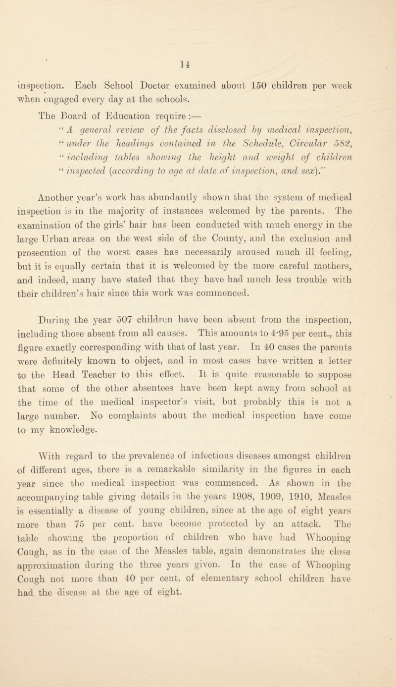 inspection. Each School Doctor examined about 150 children per week when engaged every day at the schools. The Board of Education require :— “A general review of the facts disclosed by medical inspection, “ under the headings contained in the Schedule, Circular 582, “ including tables showing the height and weight of children “ inspected (<according to age at date of inspection, and sex).” Another year’s work has abundantly shown that the system of medical inspection is in the majority of instances welcomed by the parents. The examination of the girls’ hair has been conducted with much energy in the large Urban areas on the west side of the County, and the exclusion and prosecution of the worst cases has necessarily aroused much ill feeling, but it is equally certain that it is welcomed by the more careful mothers, and indeed, many have stated that they have had much less trouble with their children’s hair since this work was commenced. During the year 507 children have been absent from the inspection, including those absent from all causes. This amounts to 4*95 per cent., this figure exactly corresponding with that of last year. In 40 cases the parents were definitely known to object, and in most cases have written a letter to the Head Teacher to this effect. It is quite reasonable to suppose that some of the other absentees have been kept away from school at the time of the medical inspector’s visit, but probably this is not a large number. No complaints about the medical inspection have come to my knowledge. With regard to the prevalence of infectious diseases amongst children of different ages, there is a remarkable similarity in the figures in each year since the medical inspection was commenced. As shown in the accompanying table giving details in the years 1908, 1909, 1910, Measles is essentially a disease of young children, since at the age of eight years more than 75 per cent, have become protected by an attack. The table showing the proportion of children who have had Whooping- Cough, as in the case of the Measles table, again demonstrates the close approximation during the three years given. In the case of Whooping- Cough not more than 40 per cent, of elementary school children have had the disease at the age of eight.