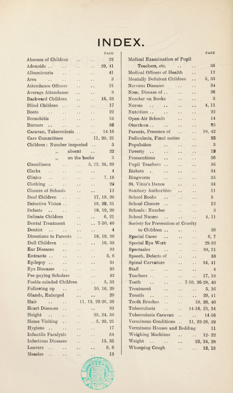 INDEX. Absence of Children PAGE 22 Adenoids . . 29, 41 Albuminuria 41 Area 3 Attendance Officers 21 Average Attendance 3 Backward Children .. 16,33 Blind Children .. 17 Boots 22 Bronchitis 34 Bursars .. 36 Caravan, Tuberculosis 14-16 Care Committees 11,20,21 Children : Number inspected .. 5 ,, absent .. 22 „ on the books 3 Cleanliness 5, 22, 26, 39 Clerks 4 Clinics 7,16 Clothing 22 Closure of Schools 12 Deaf Children 17,19,20 Defective Vision .. 19, 29, 31 Defects 18, 19, 20 Delicate Children 6,21 Dental Treatment .. 7-10, 40 Dentist .... 4 Directions to Parents 18,19,20 Dull Children .. 16,33 Ear Diseases 33 Entrants 5,6 Epilepsy 34 Eye Diseases 33 Fee-paying Scholars 42 Feeble-minded Children .. 5, 33 Following up 10, 16, 20 Glands, Enlarged 29 Hair 11, 12, 22-26, 39 Heart Diseases .. 33 Height 23, 24, 38 Home Visiting .. . . 5, 20, 21 Hygiene 17 Infantile Paralysis 34 Infectious Diseases .. 13, 35 Leavers .. .. 5,6 Measles .. 13 PAGE Medical Examination of Pupil Teachers, etc. .. .. 36 Medical Officers of Health .. 12 Mentally Deficient Children .. 5, 33 Nervous Diseases .. .. 34 Nose, Disease of .. .. .. 26 Number on Books .. .. 3 Nurses .. .. .. .. 4,11 Nutrition .. .. .. .. 22 Open-Air Schools .. .. 14 Otorrhoea .. .. .. .. 33 Parents, Presence of .. .. 18, 42 Pediculosis, Final notice .. 25 Population .. .. .. 3 Poverty .. .. .. .. 19 Prosecutions .. .. .. 26 Pupil Teachers .. .. .. 36 Pickets .. .. .. .. 34 Ringworm .. .. .. 35 St. Vitus’s Dance .. .. 34 Sanitary Authorities .. .. 11 School Books .. .. .. 3 School Closure .. .. .. 12 Schools: Number . . .. 3 School Nurses .. .. .. 4, 11 Society for Prevention of Cruelty to Children .. . • .. 26 Special Cases .. .. .. 6,7 Special Eye Work .. .. 29-32 Spectacles .. .. .. 30, 31 Speech, Defects of .. .. 33 Spinal Curvature .. .. 34, 41 Staff .. .. .. .. 4 Teachers .. .. .. .. 17, 18 Teeth . 7-10, 26-28, 40 Treatment .. .. .. 5, 16 Tonsils .. .. .. .. 29, 41 Tooth Brushes . . . . 10, 26, 40 Tuberculosis .. .. 14-16, 33, 34 Tuberculosis Caravan .. .. 14-16 Verminous Conditions .. 11, 22-26, 39 Verminous Houses and Bedding 11 Weighing Machines .. .. 12- 22 Weight. 23, 24, 28 Whooping Cough .. .. 12, 13