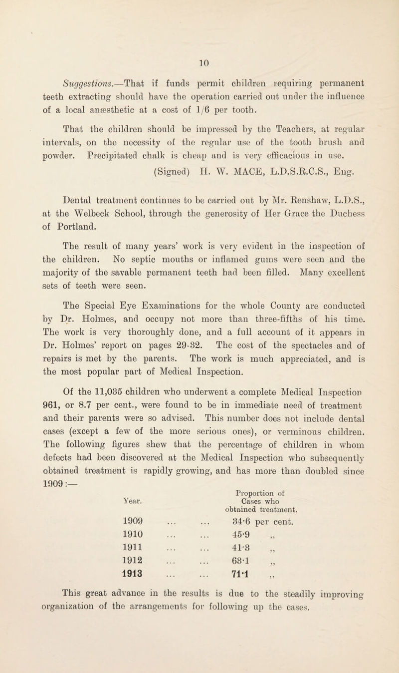 Suggestions.—That if funds permit children requiring permanent teeth extracting should have the operation carried out under the influence of a local anaesthetic at a cost of 1/6 per tooth. That the children should be impressed by the Teachers, at regular intervals, on the necessity of the regular use of the tooth brush and powder. Precipitated chalk is cheap and is very efficacious in use. (Signed) H. W. MACE, L.D.S.R.C.S., Eng. Dental treatment continues to be carried out by Mr. Renshaw, L.D.S., at the Welbeck School, through the generosity of Her Grace the Duchess of Portland. The result of many years’ work is very evident in the inspection of the children. No septic mouths or inflamed gums were seen and the majority of the savable permanent teeth had been filled. Many excellent sets of teeth were seen. The Special Eye Examinations for the whole County are conducted by Dr. Holmes, and occupy not more than three-fifths of his time. The work is very thoroughly done, and a full account of it appears in Dr. Holmes’ report on pages 29-82. The cost of the spectacles and of repairs is met by the parents. The work is much appreciated, and is the most popular part of Medical Inspection. Of the 11,085 children who underwent a complete Medical Inspection 961, or 8.7 per cent., were found to be in immediate need of treatment and their parents were so advised. This number does not include dental cases (except a few of the more serious ones), or verminous children. The following figures shew that the percentage of children in whom defects had been discovered at the Medical Inspection who subsequently obtained treatment is rapidly growing, and has more than doubled since 1909 Proportion of Year. Cases who obtained treatment. 1909 . 34*6 per cent. 1910 . 45-9 1911 . 41'8 1912 . 63*1 1913 . 71*1 .vance in the results is due to the steadily improving e arrangements for following up the cases.