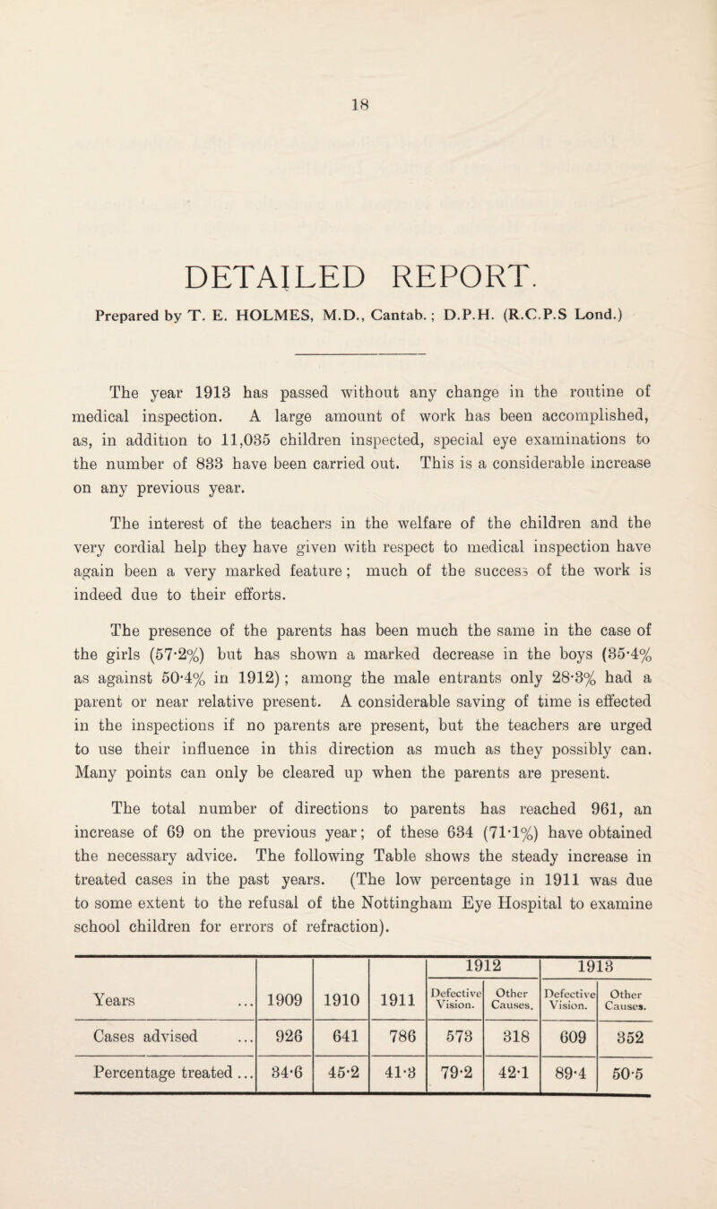 DETAILED REPORT. Prepared by T. E. HOLMES, M.D., Cantab.; D.P.H. (R.C.P.S Lond.) The year 1913 has passed without any change in the routine of medical inspection. A large amount of work has been accomplished, as, in addition to 11,035 children inspected, special eye examinations to the number of 833 have been carried out. This is a considerable increase on any previous year. The interest of the teachers in the welfare of the children and the very cordial help they have given with respect to medical inspection have again been a very marked feature; much of the success of the work is indeed due to their efforts. The presence of the parents has been much the same in the case of the girls (57*2%) but has shown a marked decrease in the boys (35-4% as against 50*4% in 1912); among the male entrants only 28*3% had a parent or near relative present. A considerable saving of time is effected in the inspections if no parents are present, but the teachers are urged to use their influence in this direction as much as they possibly can. Many points can only be cleared up when the parents are present. The total number of directions to parents has reached 961, an increase of 69 on the previous year; of these 634 (71*1%) have obtained the necessary advice. The following Table shows the steady increase in treated cases in the past years. (The low percentage in 1911 was due to some extent to the refusal of the Nottingham Eye Hospital to examine school children for errors of refraction). Years 1909 1910 1911 1912 1913 Defective Vision. Other Causes. Defective Vision. Other Causes. Cases advised 926 641 786 573 318 609 352 Percentage treated ... 34-6 45*2 41-3 79-2 42-1 89*4 50*5