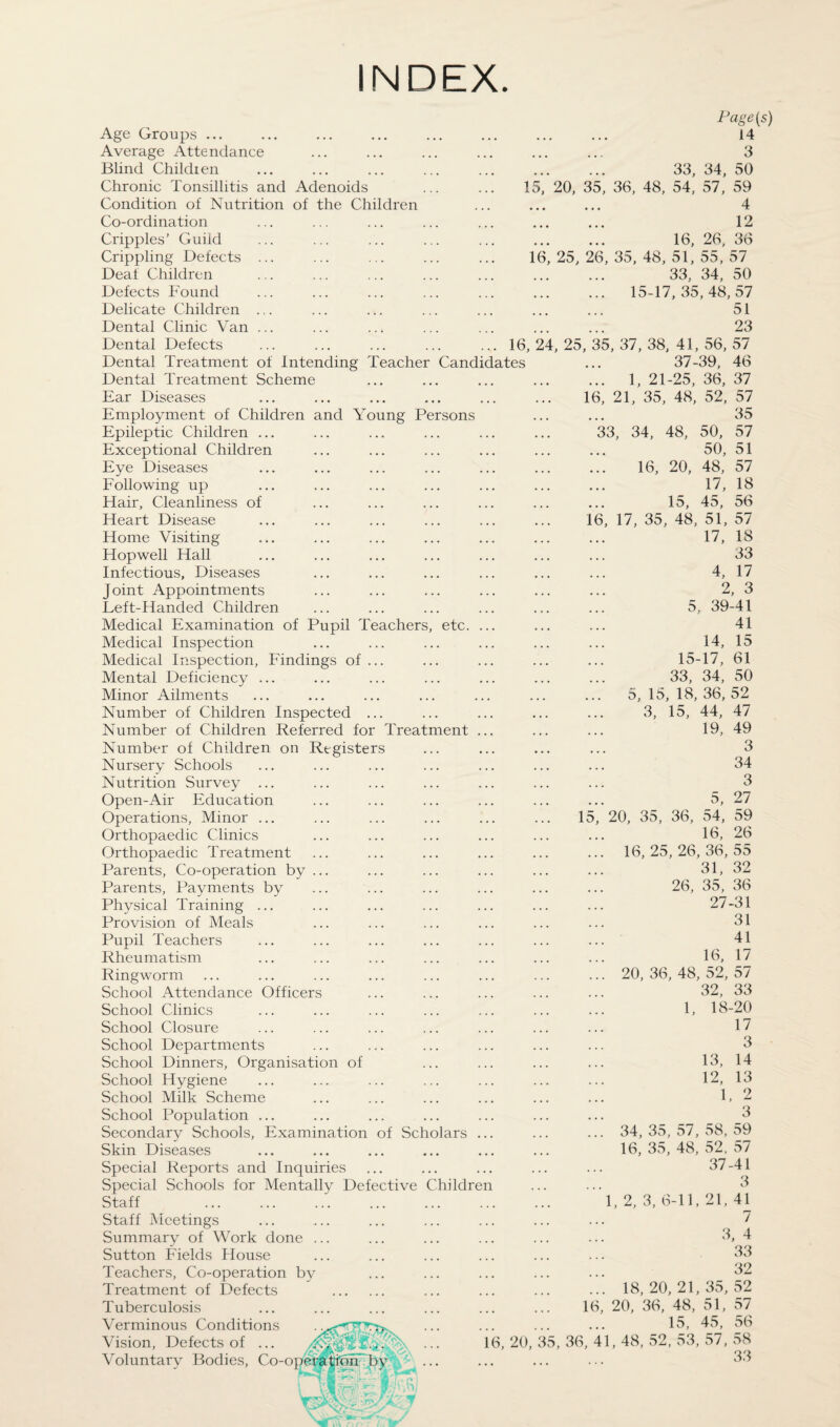 NDEX etc. Age Groups ... Average Attendance Blind Childien Chronic Tonsillitis and Adenoids Condition of Nutrition of the Children Co-ordination Cripples’ Guild Crippling Defects Deaf Children Defects Found Delicate Children Dental Clinic Van Dental Defects Dental Treatment of Intending Teacher Candi Dental Treatment Scheme Ear Diseases Employment of Children and Young Persons Epileptic Children ... Exceptional Children Eye Diseases Following up Hair, Cleanliness of Heart Disease Home Visiting Hopwell Hall Infectious, Diseases Joint Appointments Left-Handed Children Medical Examination of Pupil Teachers Medical Inspection Medical Inspection, Findings of Mental Deficiency ... Minor Ailments Number of Children Inspected Number of Children Referred for Treatment Number of Children on Registers Nursery Schools Nutrition Survey ... Open-Air Education Operations, Minor ... Orthopaedic Clinics Orthopaedic Treatment Parents, Co-operation by Parents, Payments by Physical Training ... Provision of Meals Pupil Teachers Rheumatism Ringworm School Attendance Officers School Clinics School Closure School Departments School Dinners, Organisation of School Hygiene School Milk Scheme School Population Secondary Schools, Examination of Scholars Skin Diseases Special Reports and Inquiries Special Schools for Mentally Defective Childrc Staff . Staff Meetings Summary of Work done . Sutton Fields House Teachers, Co-operation by Treatment of Defects Tuberculosis Verminous Conditions Vision, Defects of Voluntary Bodies, Co-operation by dates Page(s) . 14 . 3 . 33, 34, 50 15, 20, 35, 36, 48, 54, 57, 59 4 12 . 16, 26, 36 16, 25, 26, 35, 48, 51, 55, 57 . 33, 34, 50 . 15-17,35,48,57 . 51 . 23 16, 24, 25, 35, 37, 38, 41, 56, 57 37-39, 46 ... 1, 21-25, 36, 37 16, 21, 35, 48, 52, 57 35 33, 34, 48, 16, 20, 15, 50, 50, 48, 17, 45, 57 51 57 18 56 16, 17, 35, 48, 51, 57 17, 18 33 4, 17 2, 3 5, 39-41 41 14, 15 15-17, 61 33, 34, 50 ... 5,15,18,36,52 3, 15, 44, 47 19, 49 3 34 3 5, 27 54, 59 16, 26 15, 20, 35, 36, . 16, 25, 26, 36, 55 . 31, 32 . 26, 35, 36 . 27-31 31 41 . 16, 17 . 20, 36, 48, 52, 57 32, 33 . 1, 18-20 17 3 13, 14 12, 13 . 1, 2 . 3 . 34, 35, 57, 58, 59 16,35,48,52.57 37-41 3 1,2,3,6-11,21,41 7 . 3, 4 33 32 . 18,20,21,35,52 16, 20, 36, 48, 51, 57 15, 45, 56 16, 20, 35, 36, 41, 48, 52, 53, 57, 58 33