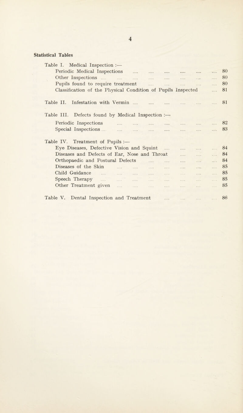 Statistical Tables Table I. Medical Inspection :— Periodic Medical Inspections .... .... .... .... .... .... 80 Other Inspections .... .... .... .... .... .... .... 80 Pupils found to require treatment .... .... .... .... .... 80 Classification of the Physical Condition of Pupils Inspected .... 81 Table II. Infestation with Vermin .... .... .... .... .... .... 81 Table III. Defects found by Medical Inspection :— Periodic Inspections .... .... .... .... .... .... .... 82 Special Inspections .... .... .... .... .... .... .... .... 83 Table IV. Treatment of Pupils :— Eye Diseases, Defective Vision and Squint .... .... .... ... 84 Diseases and Defects of Ear, Nose and Throat .... .... . .. 84 Orthopaedic and Postural Defects .... .... .... .... .... 84 Diseases of the Skin .... .... .... .... .... .... .... 85 Child Guidance .... .... .... .... .... .... .... .... 85 Speech Therapy .... .... .... ... .... 85 Other Treatment given .... ... .... .... ... 85 Table V. Dental Inspection and Treatment .... ... ... 86