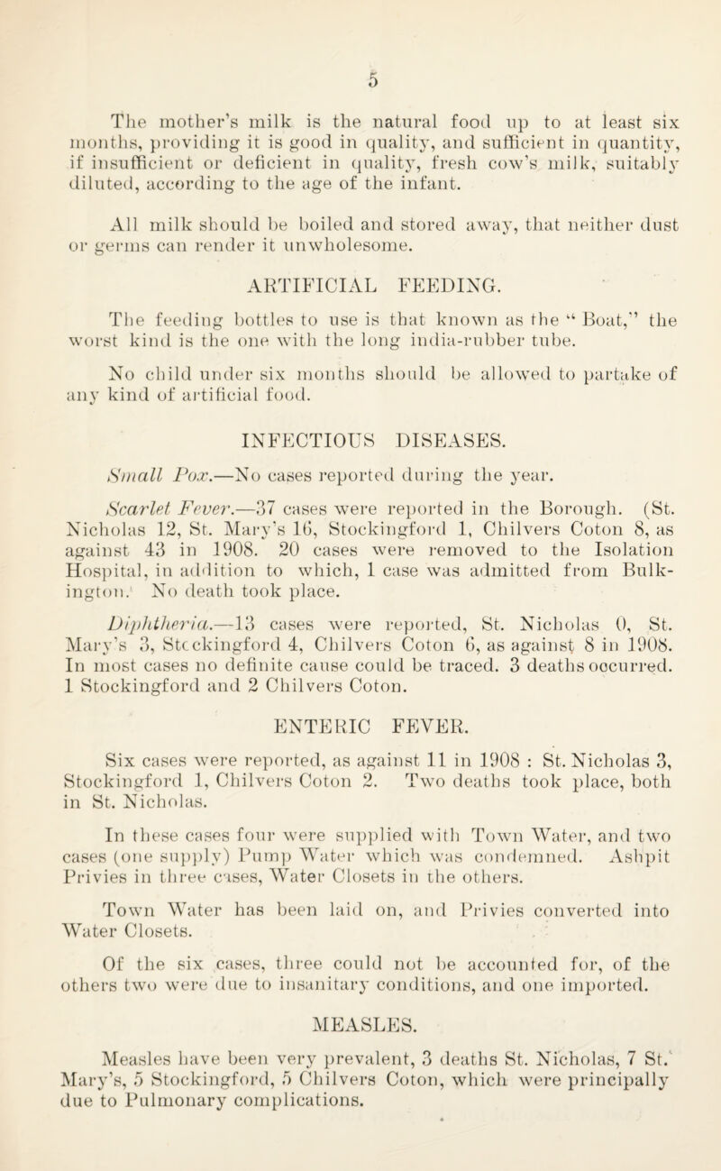 The mother’s milk is the natural food up to at least six months, })roviding it is good in quality, and sufficient in (juantity, if insufficient or deficient in (piality, fresh cow’s milk, suitably diluted, according to the age of the infant. All milk should he boiled and stored away, that neither dust or germs can render it unwholesome. ARTIFICIAL FEEDING. The feeding bottles to use is that known as the “ Boat,” the worst kind is the one with the long india-rnbber tube. No child under six months should be allowed to partake of any kind of aidificial food. INFECTIOUS DISEASES. Small Fox.—No cases i*eported during the year. Scarlet Fever.—37 cases were re})orted in the Borough. (St. Nicholas 12, St. Mary’s 16, Stockingford 1, Chilvers Coton 8, as against 43 in 1908. 20 cases were I’emoved to the Isolation IIos])ital, in addition to which, 1 case was admitted from Bulk- iTigton. No death took place. Dijilitlieria.—13 cases were repoiled, St. Nicholas 0, St. Mary’s 3, Stockingford 4, Chilvei's Coton 6, as against 8 in 1908. In most cases no definite cause could be traced. 3 deaths occurred. 1 Stockingford anol 2 Chilvers Coton. ENTERIC FEVER. Six cases were reported, as against 11 in 1908 : St. Nicholas 3, Stockiiigford 1, Chilvers Coton 2. Tovo deaths took place, both in St. Nicholas. In these cases four were su])])lied with Town Watei-, and two cases (one su])])ly) Burn]) Water which was condemned. Ashi)it Privies in three cases. Water Closets in the others. Town Water has been laid on, and Pi-ivies converted into Water Closets. Of the six cases, three could not be accounted for, of the others two were due to insanitary conditions, and one imported. MEASLES. Measles have been very prevalent, 3 deaths St. Nicholas, 7 St.' Mary’s, 5 Stockingford, 5 Chilvers Coton, which were principally due to Pulmonary complications.